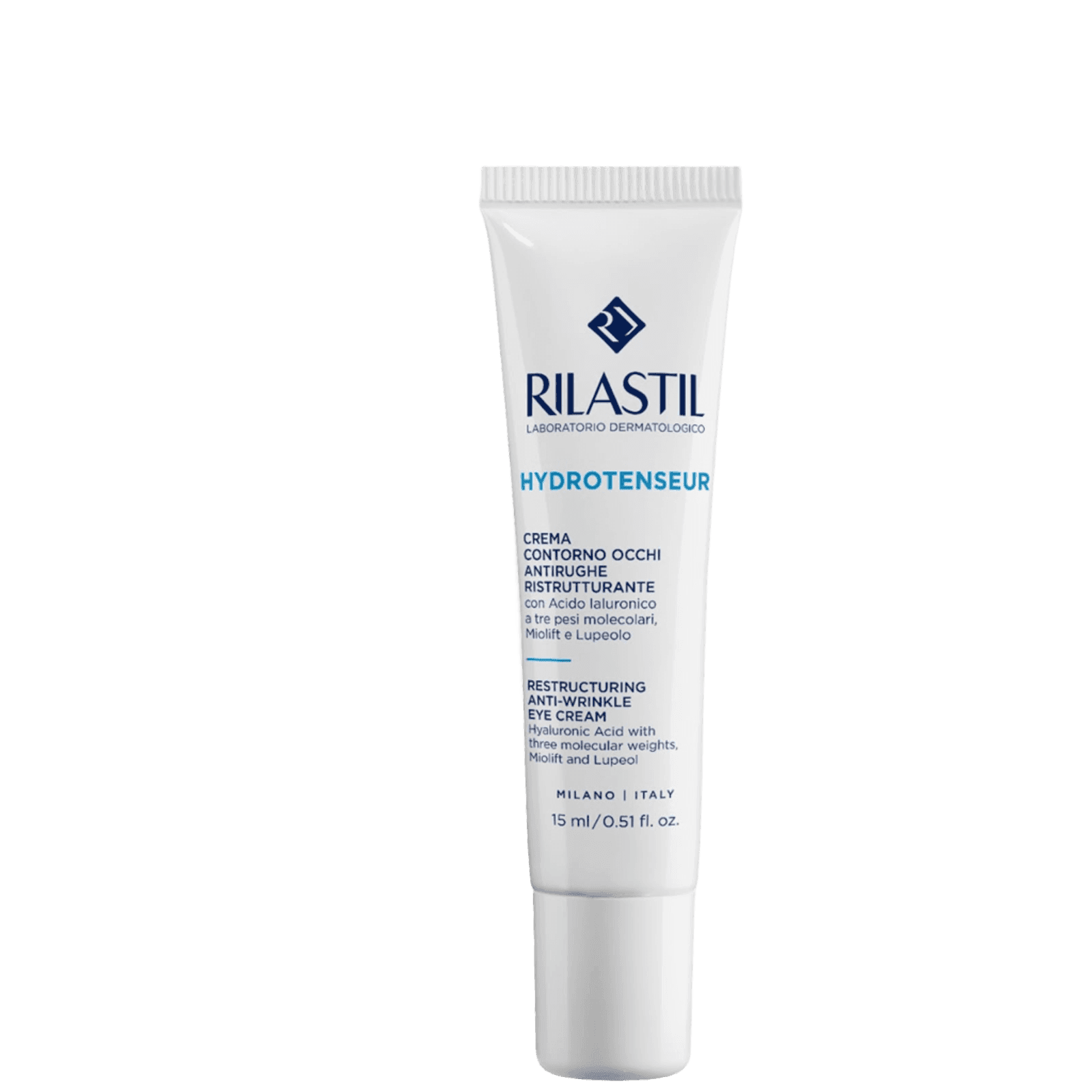 White tube of Rilastil Hydrotenseur anti-wrinkle eye cream with blue and black text, containing hyaluronic acid, on a plain background