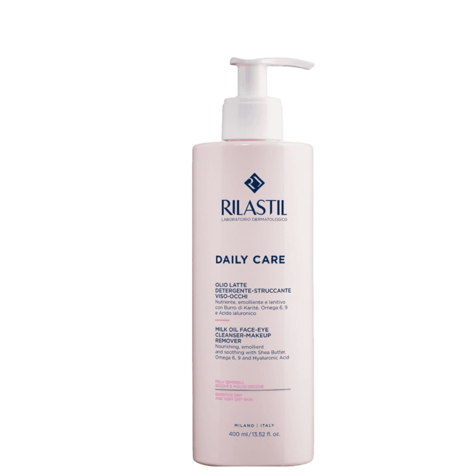 White bottle of Rilastil Daily Care Milk Oil Face-Eye Cleanser-Makeup Remover with pump dispenser, detailed product label, 400ml