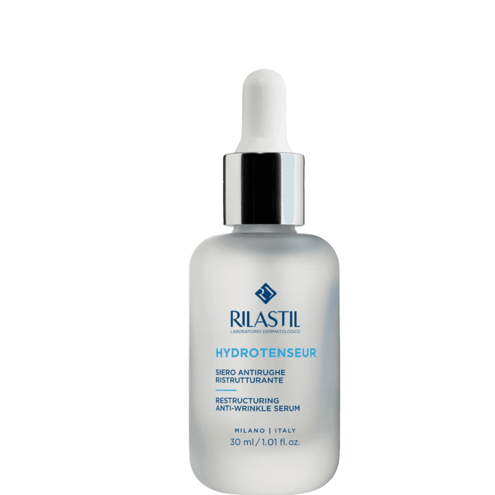 White bottle of Rilastil Hydtenseur anti-wrinkle serum with dropper cap, labeled for all skin types, 30ml, with blue and black text