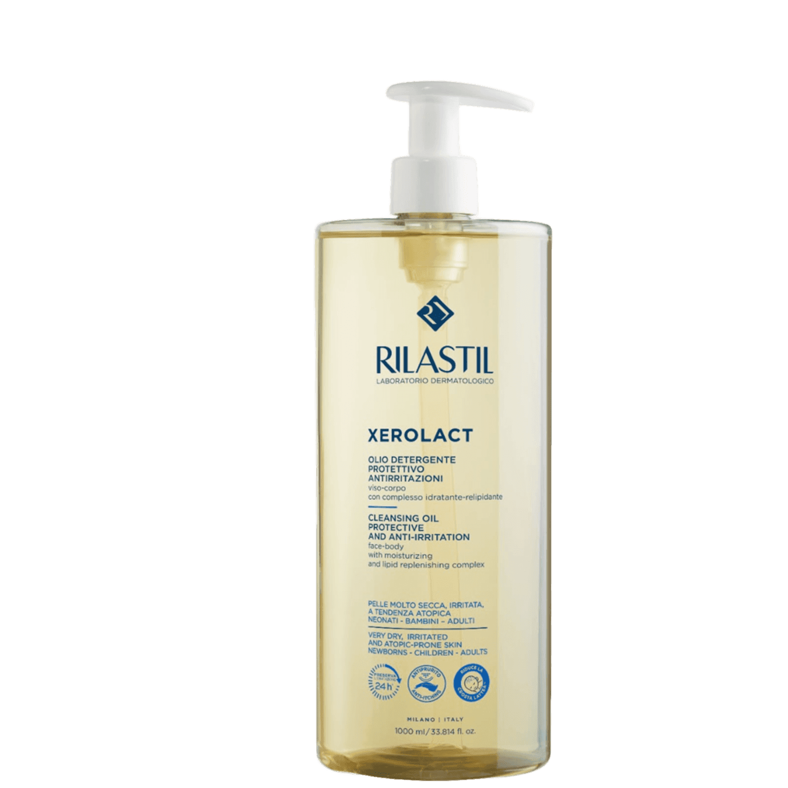 Clear plastic bottle of Rilastil Xerolact gentle cleansing oil with pump dispenser, label showing product details for dry, irritated skin
