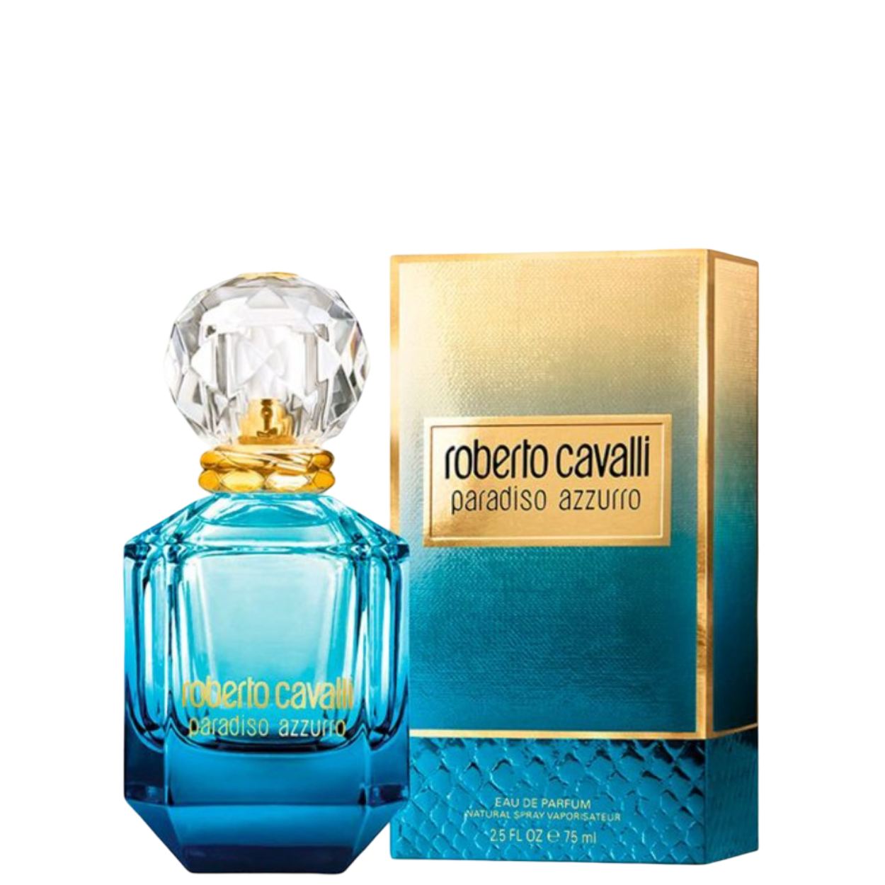 Roberto Cavalli Paradiso Azzurro Fragrance - Floral Aquatic | 75 ml bottle with gold-accented packaging, ideal for women’s luxury perfume collection.