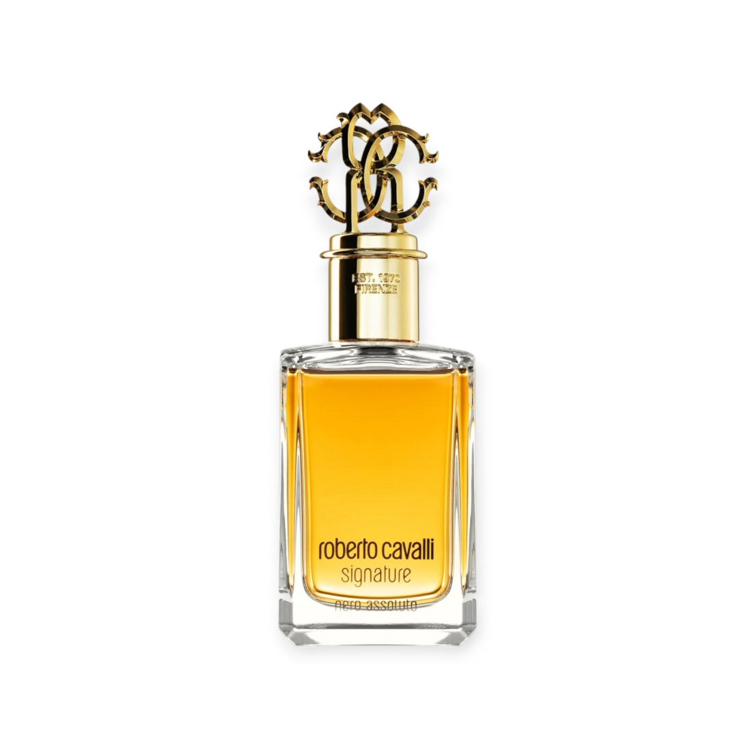 Roberto Cavalli Signature Nero Assoluto perfume bottle 100 ml with gold ornate cap, offering a warm woody scent with citrus and vanilla tones.