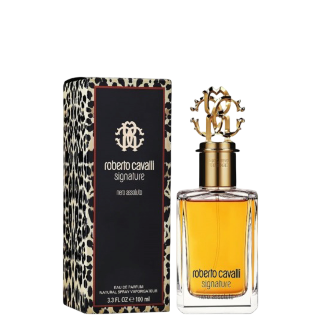 Roberto Cavalli Nero Assoluto Eau De Parfum 100 ml with leopard-print box, a woody fragrance featuring citrus, vanilla, and orchid notes.