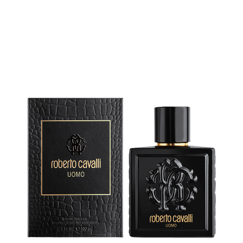 Roberto Cavalli UOMO EDT 100ml bottle and textured black box with gold accents, a 2016 oriental fragrance for men.