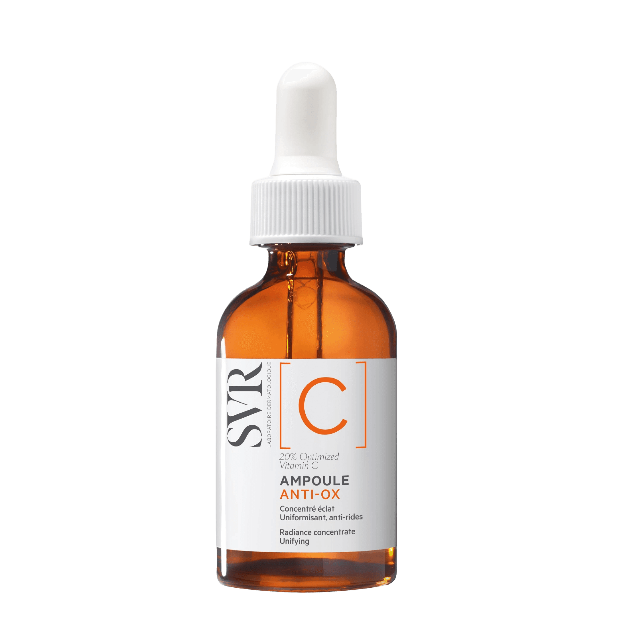 SVR Ampoule Anti-OX C 30 ml facial serum with stabilized Vitamin C for brightening and protecting skin. Ideal for uneven skin tone and radiance boost.