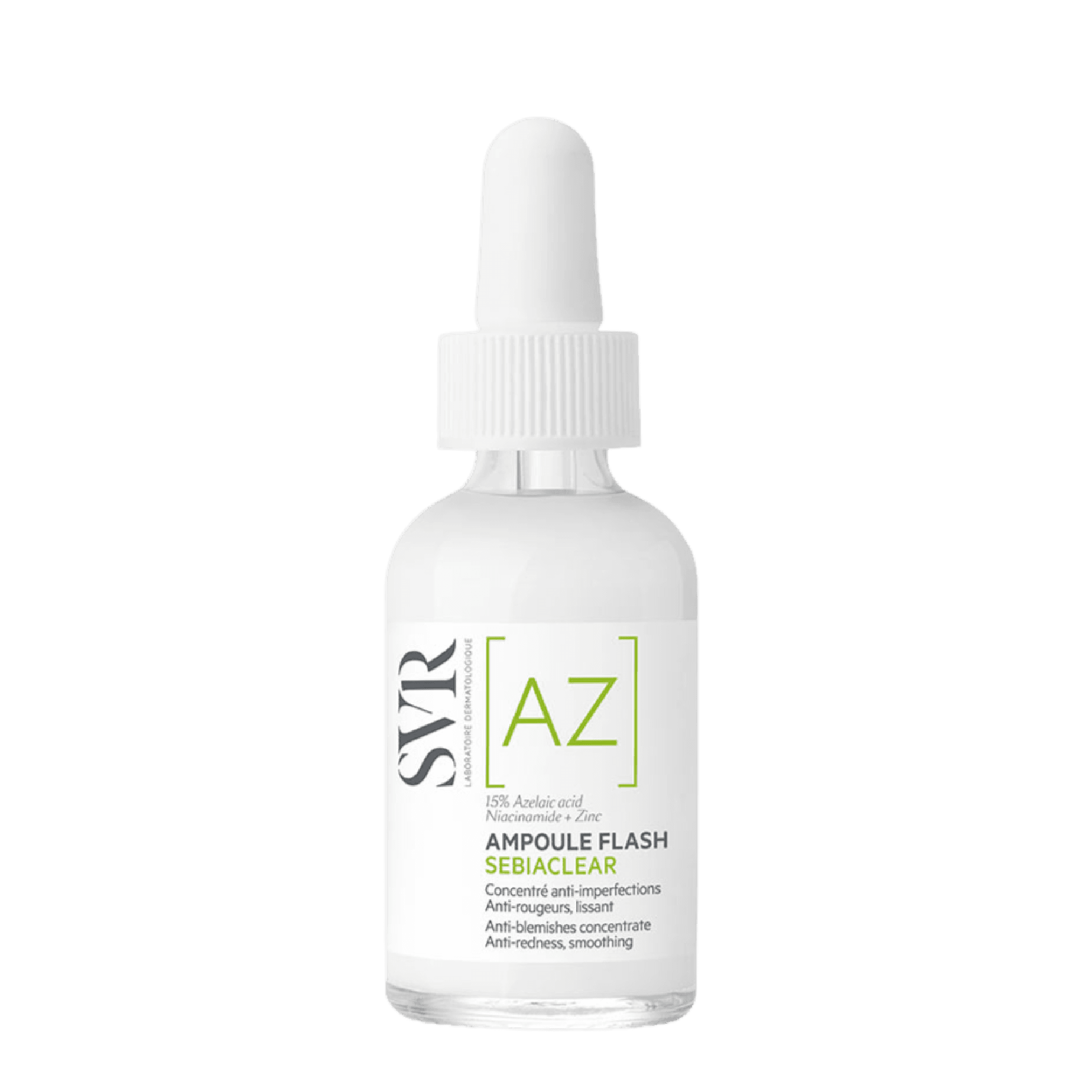 SVR Ampoule Flash Sebiaclear AZ 30 ml facial serum for acne-prone skin. Formulated with azelaic and salicylic acid to reduce blemishes and excess oil.