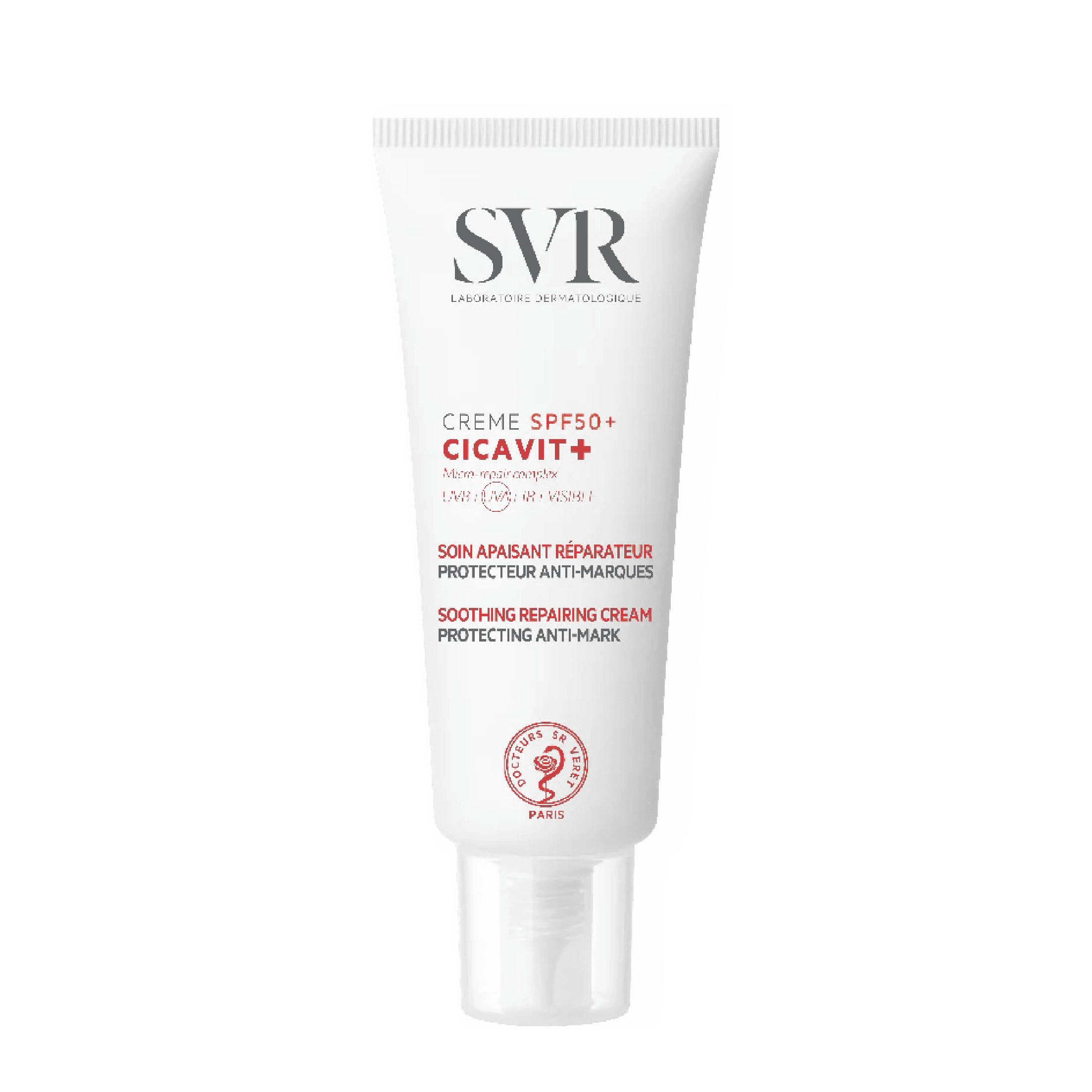 SVR Cicavit+ Creme SPF50+ 40 ml is a soothing repairing cream with high sun protection. Ideal for sensitive or irritated skin, it helps skin recovery while shielding against UV rays.