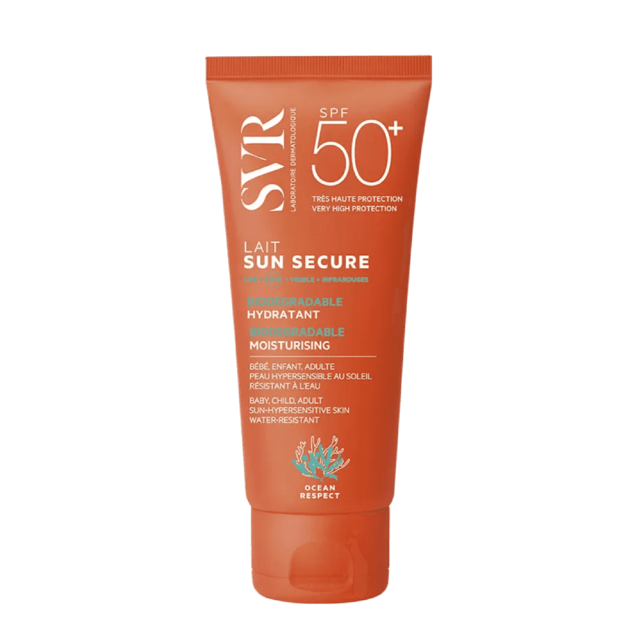 SVR Lait Sunsecure SPF50+ 100 ml offers high sun protection for sensitive skin, shielding against UVA, UVB, infrared, and visible light. This lightweight, moisturizing sunscreen is water-resistant and suitable for all skin types.