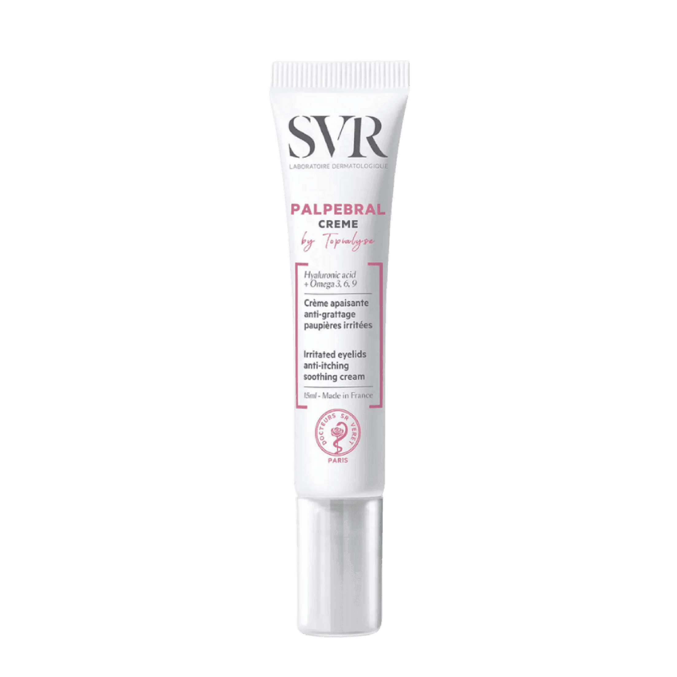 SVR Palpebral Eye Cream 15 ml, a soothing treatment for sensitive and irritated eyelids. Formulated with hyaluronic acid and niacinamide to hydrate and calm the delicate eye area.