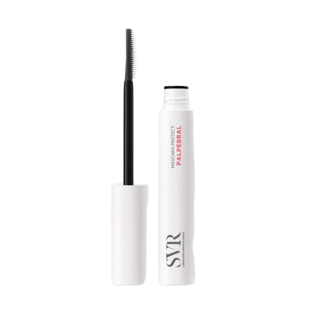 SVR Palpebral Mascara for sensitive eyes in a sleek white 9 ml tube with precision brush, ideal for natural lash definition and easy removal.