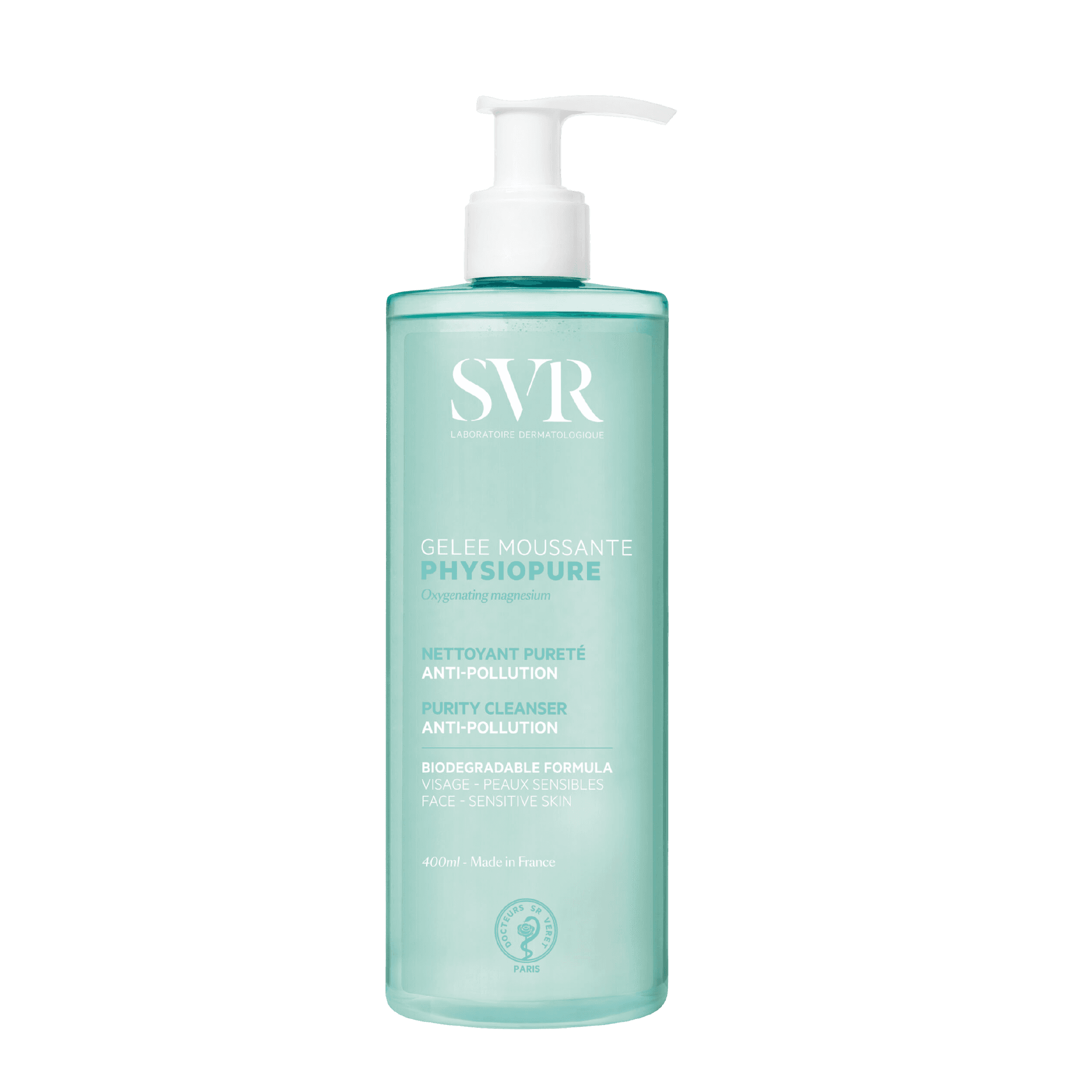 SVR Physiopure Gelee Moussant 400 ml facial cleanser with a gentle foaming formula for sensitive skin. Removes impurities and makeup while hydrating.