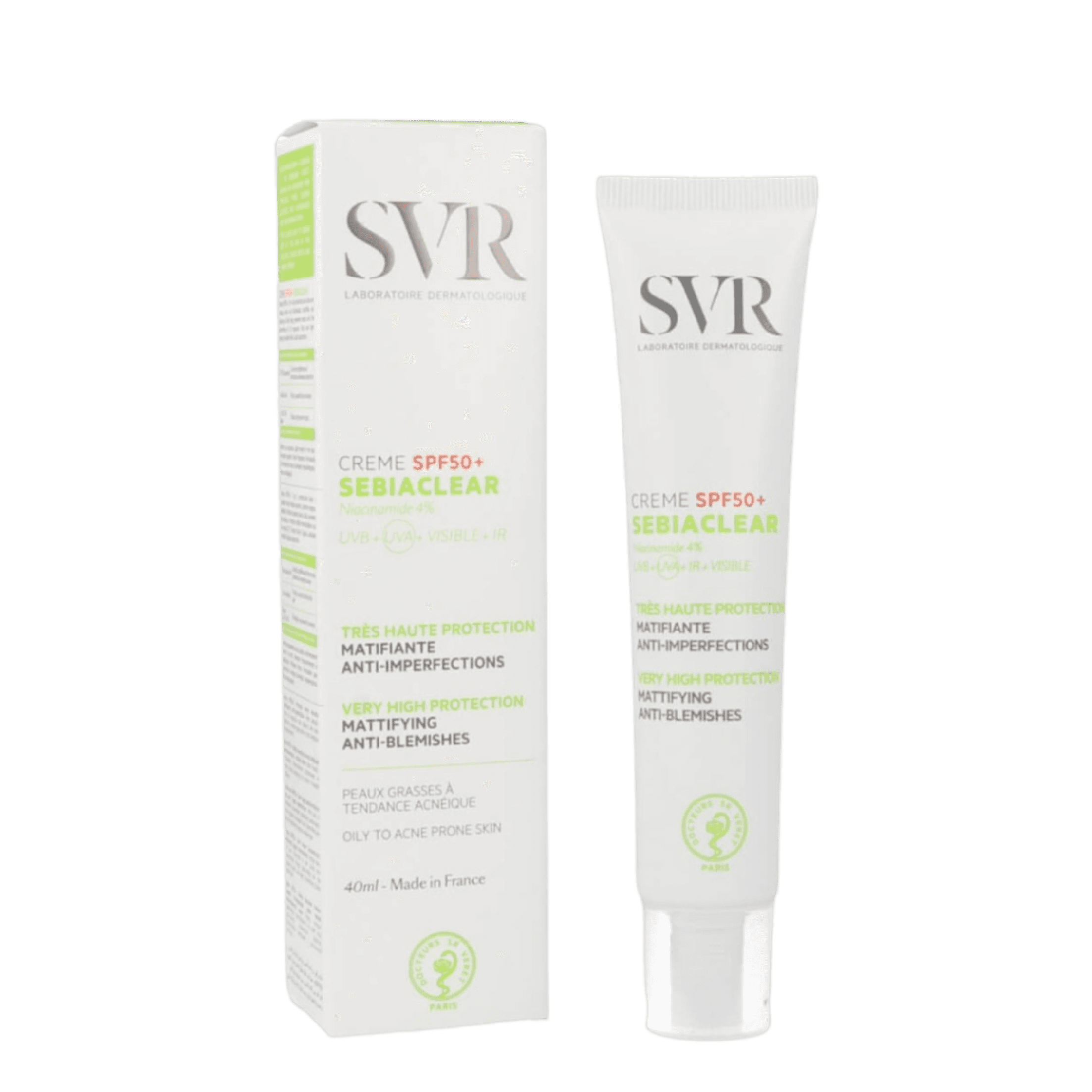 SVR Sebiaclear Creme SPF50+ 40 ml offers high sun protection for oily and acne-prone skin. This mattifying formula reduces blemishes and excess oil while hydrating.