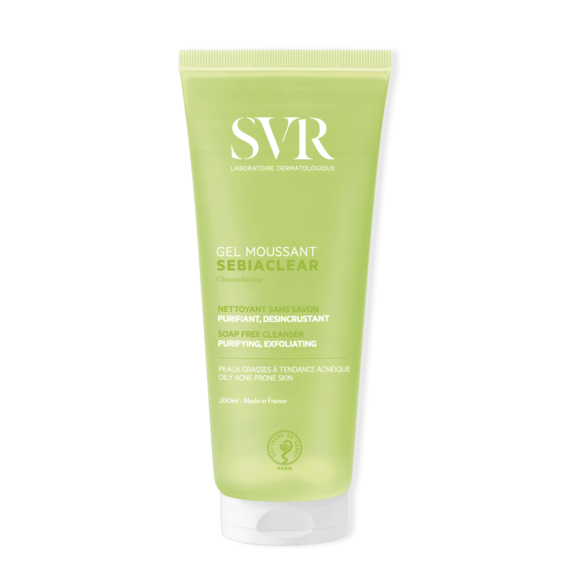 SVR Sebiaclear Gel Moussant 200 ml, a purifying foaming facial cleanser for oily and acne-prone skin. Formulated with niacinamide and gluconolactone to unclog pores and reduce blemishes.