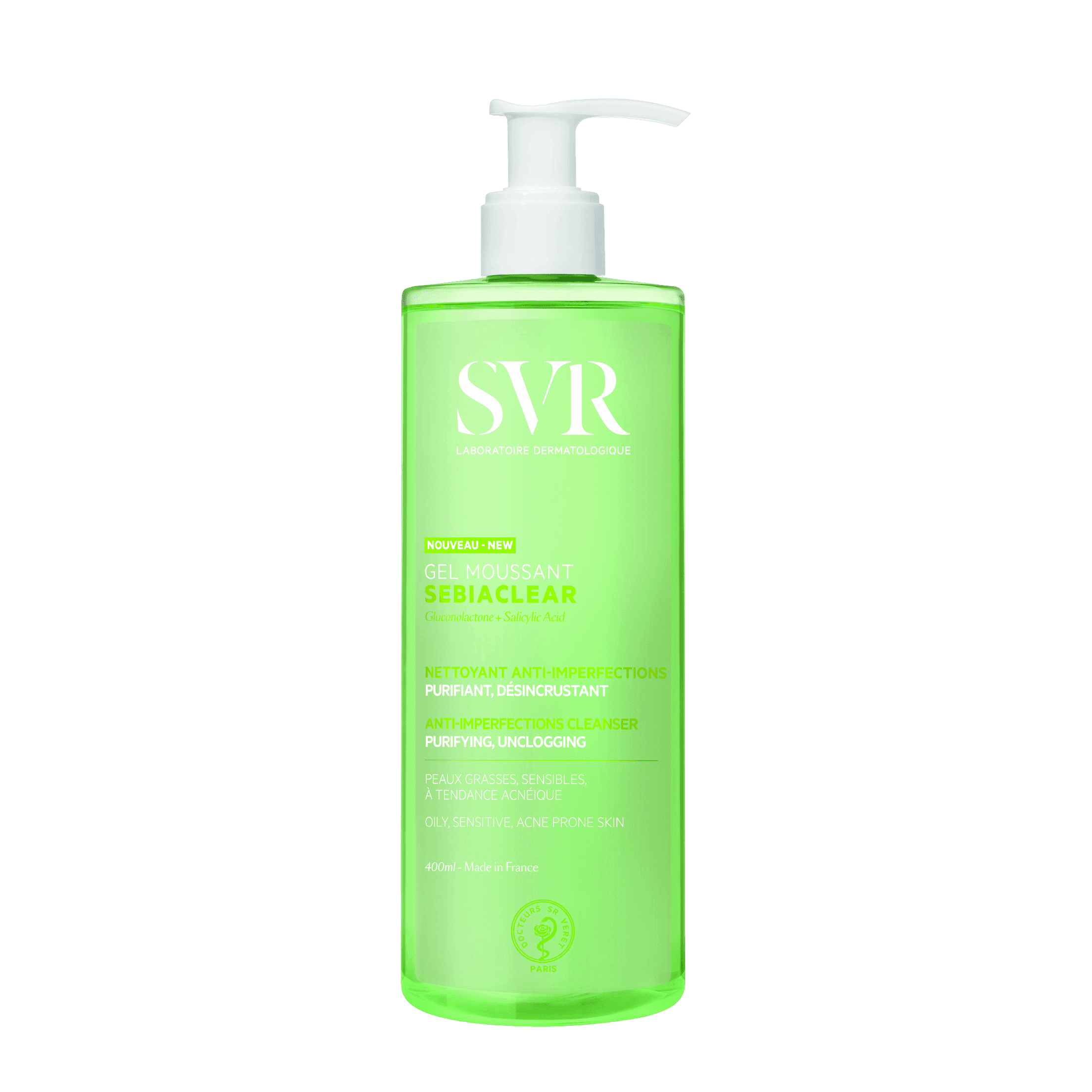 SVR Sebiaclear Gel Moussant 400 ml is a purifying foaming facial cleanser for oily and acne-prone skin. Formulated with niacinamide and gluconolactone to unclog pores and reduce blemishes.