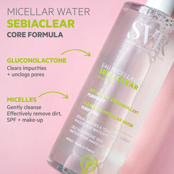 SVR Sebiaclear Micellar Water infographic showing benefits like pore cleansing and gentle makeup removal with micelles and Gluconolactone.