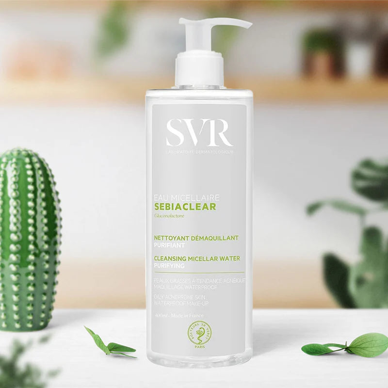 SVR Sebiaclear Micellar Water 400 ml placed on a bathroom counter, ideal for oily skin care routines and daily makeup removal.