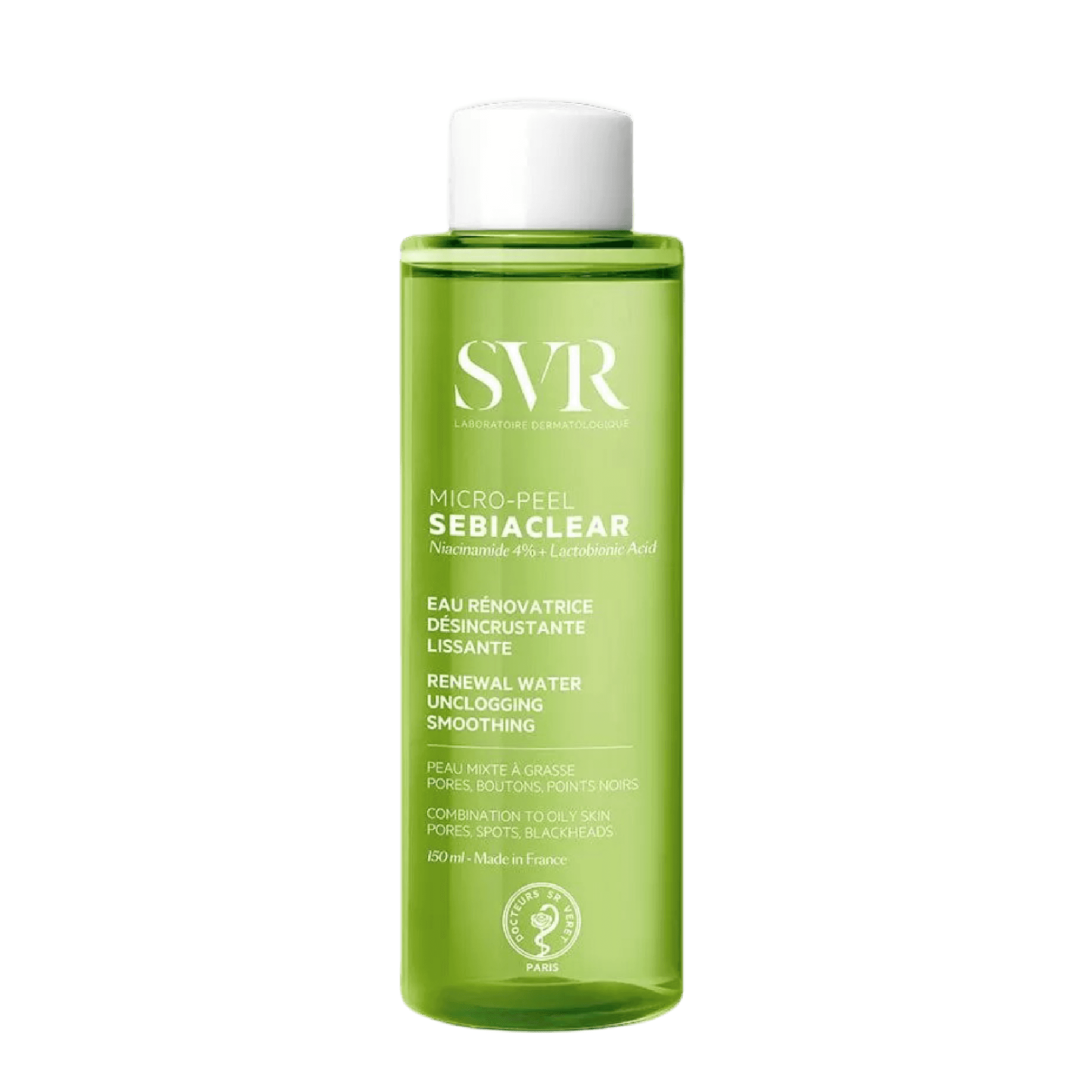 SVR Sebiaclear Micro-Peel Renewal Water 150 ml, a clarifying facial toner with salicylic acid and gluconolactone for oily and blemish-prone skin. This exfoliating toner helps unclog pores, reduce blackheads, and smooth skin texture.