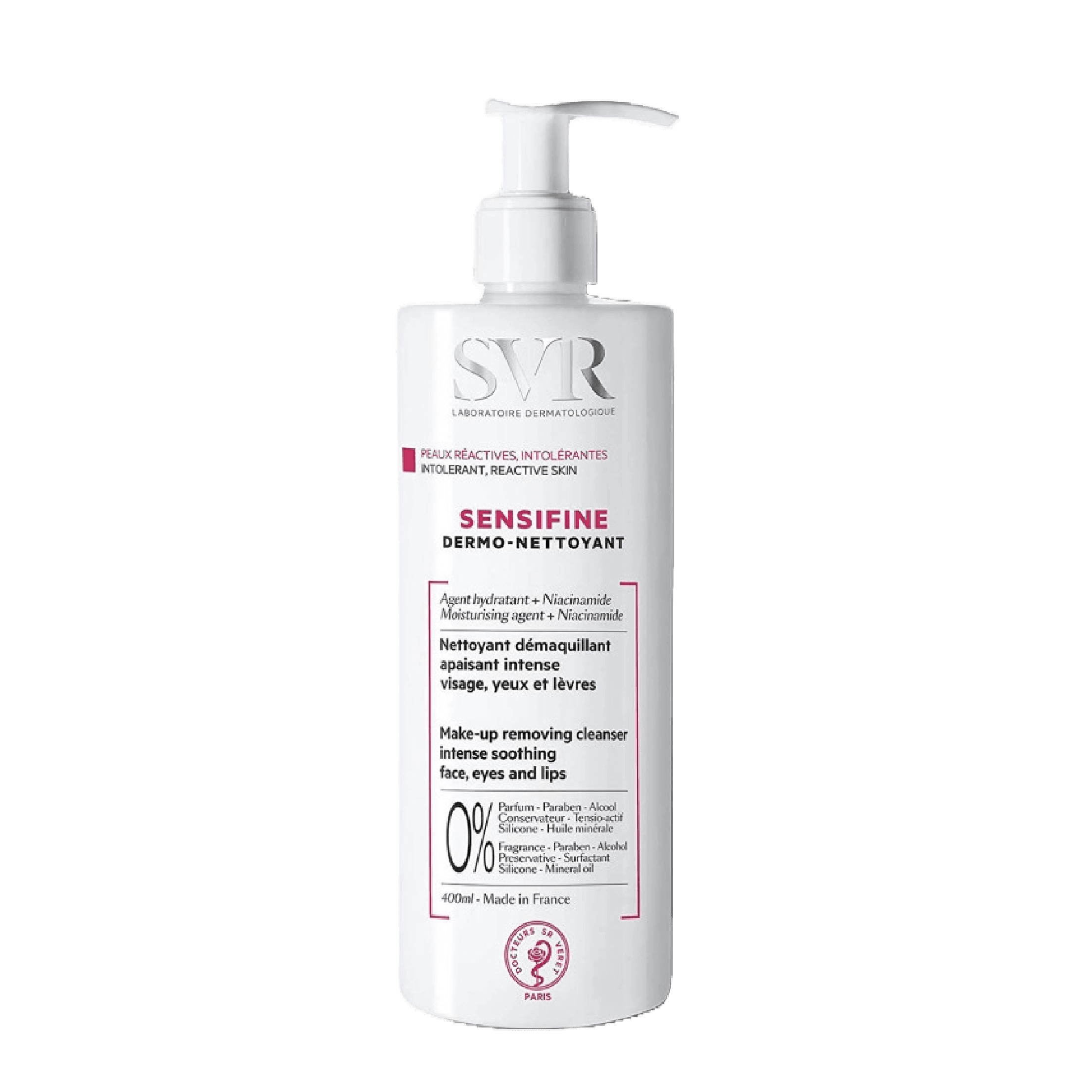 SVR Sensifine Dermo Nettoyant 400 ml is a gentle, fragrance-free makeup remover for sensitive skin. It effectively cleanses and soothes the face, eyes, and lips.