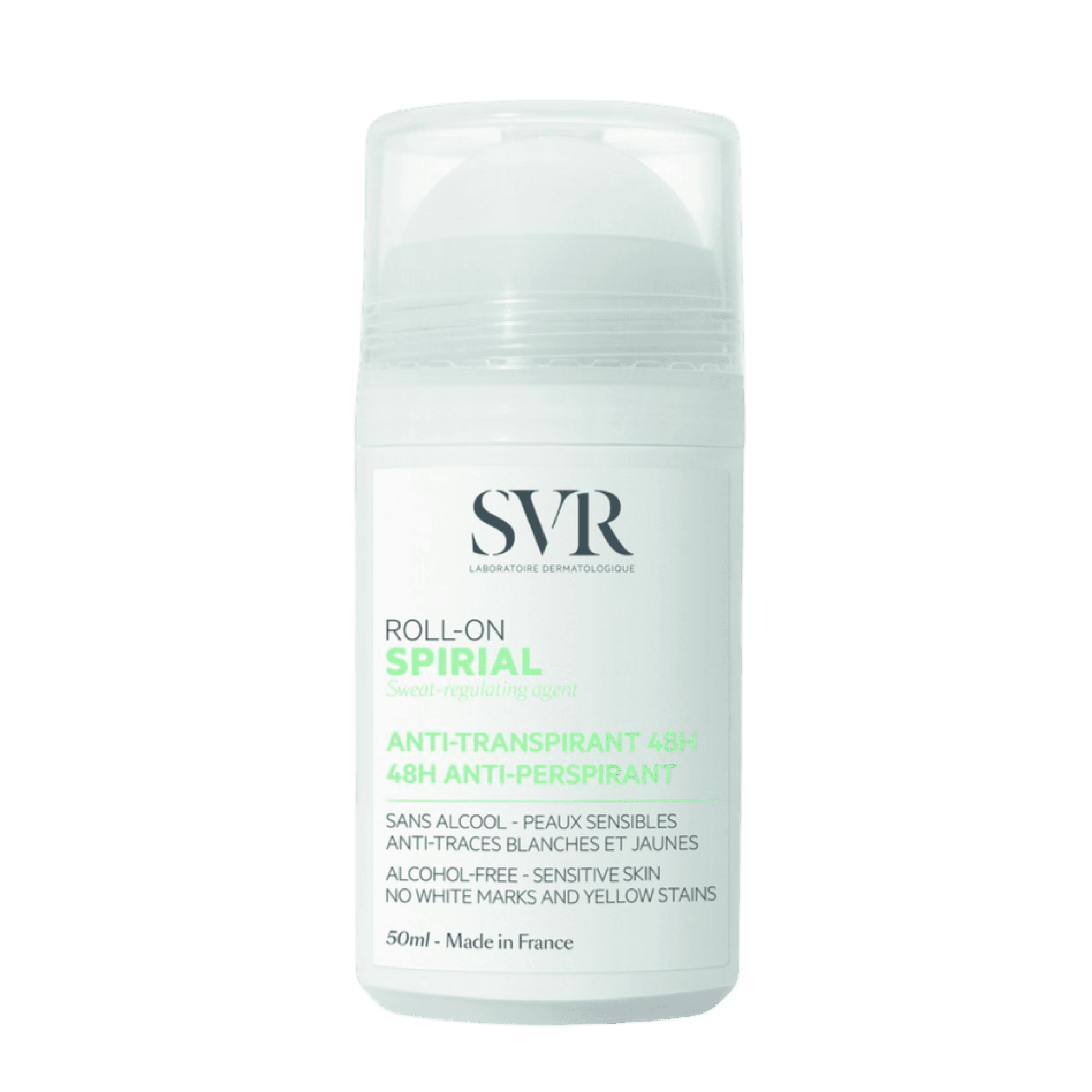 SVR Spirial Roll-On Anti-Transpirant Deodorant 50 ml offers 48-hour odor and sweat protection. Alcohol-free formula suitable for sensitive skin.