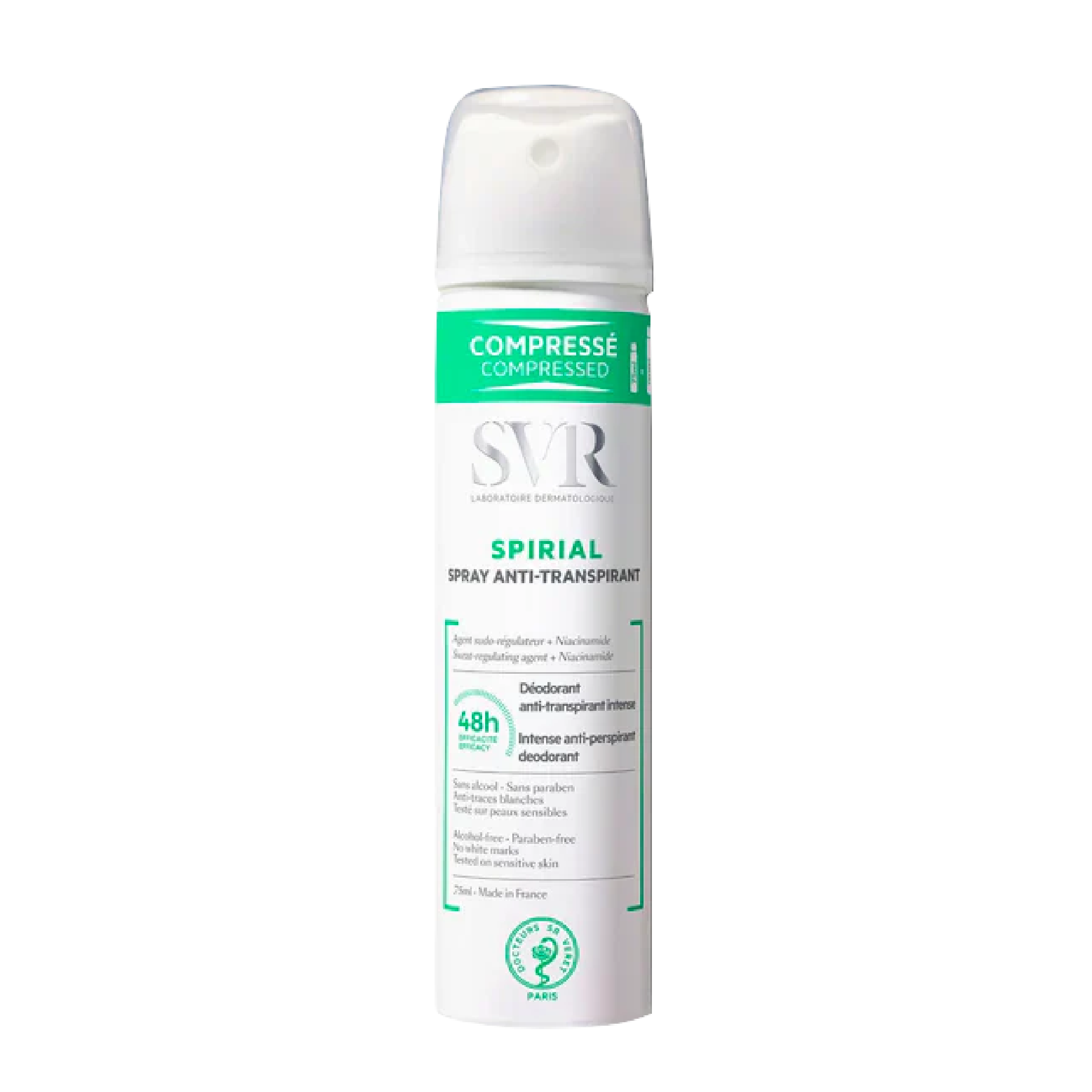 SVR Spirial Spray Anti-Transpirant Deodorant 75 ml provides 48-hour odor and sweat control. Suitable for sensitive skin, it ensures long-lasting freshness.