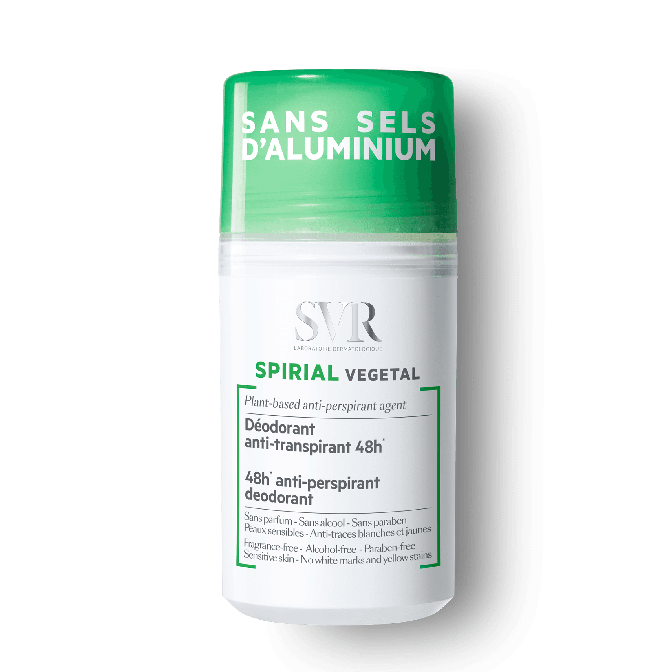 SVR Spirial Vegetal Roll-On Anti-Transpirant Deodorant 50 ml with plant-based formula for 48-hour odor and sweat protection. Aluminum salt-free and suitable for all skin types.