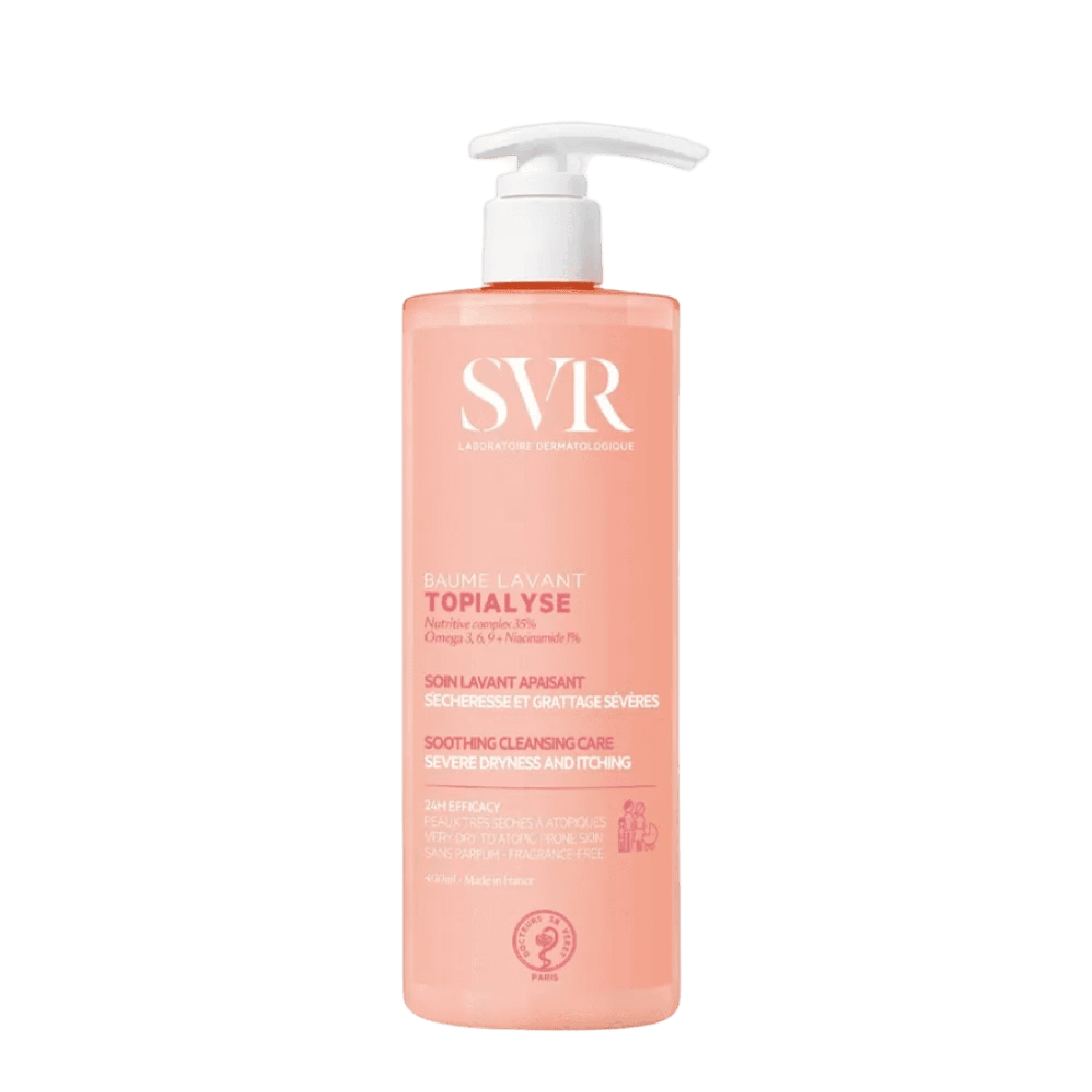 SVR Topialyse Baume Lavante 400 ml, a gentle lipid-restoring cleansing balm for dry to very dry sensitive skin. Soothes, protects, and strengthens the skin barrier.