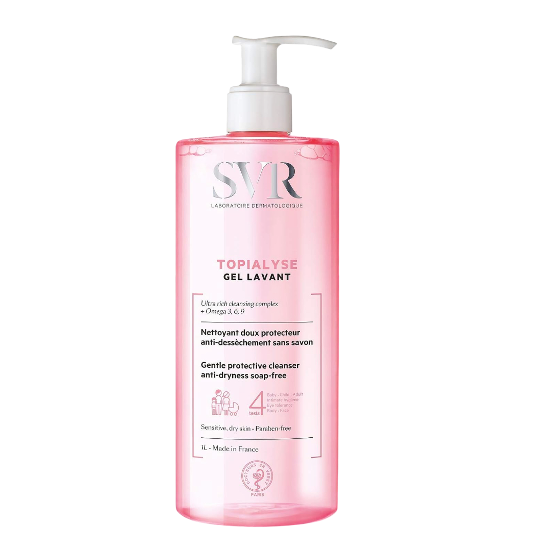 SVR Topialyse Gel Lavante 1000 ml facial cleanser for sensitive skin with omega 3, 6, 9. Soap-free hydrating gel for face and body care.