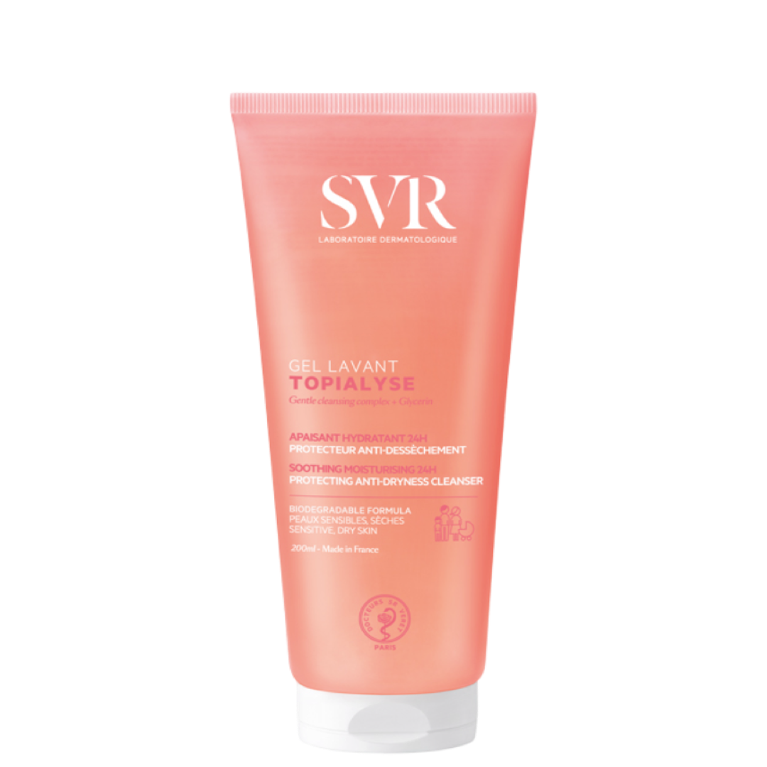 SVR Topialyse Gel Lavante 200 ml facial cleanser for sensitive skin, soap-free formula enriched with omega acids for face and body hydration.