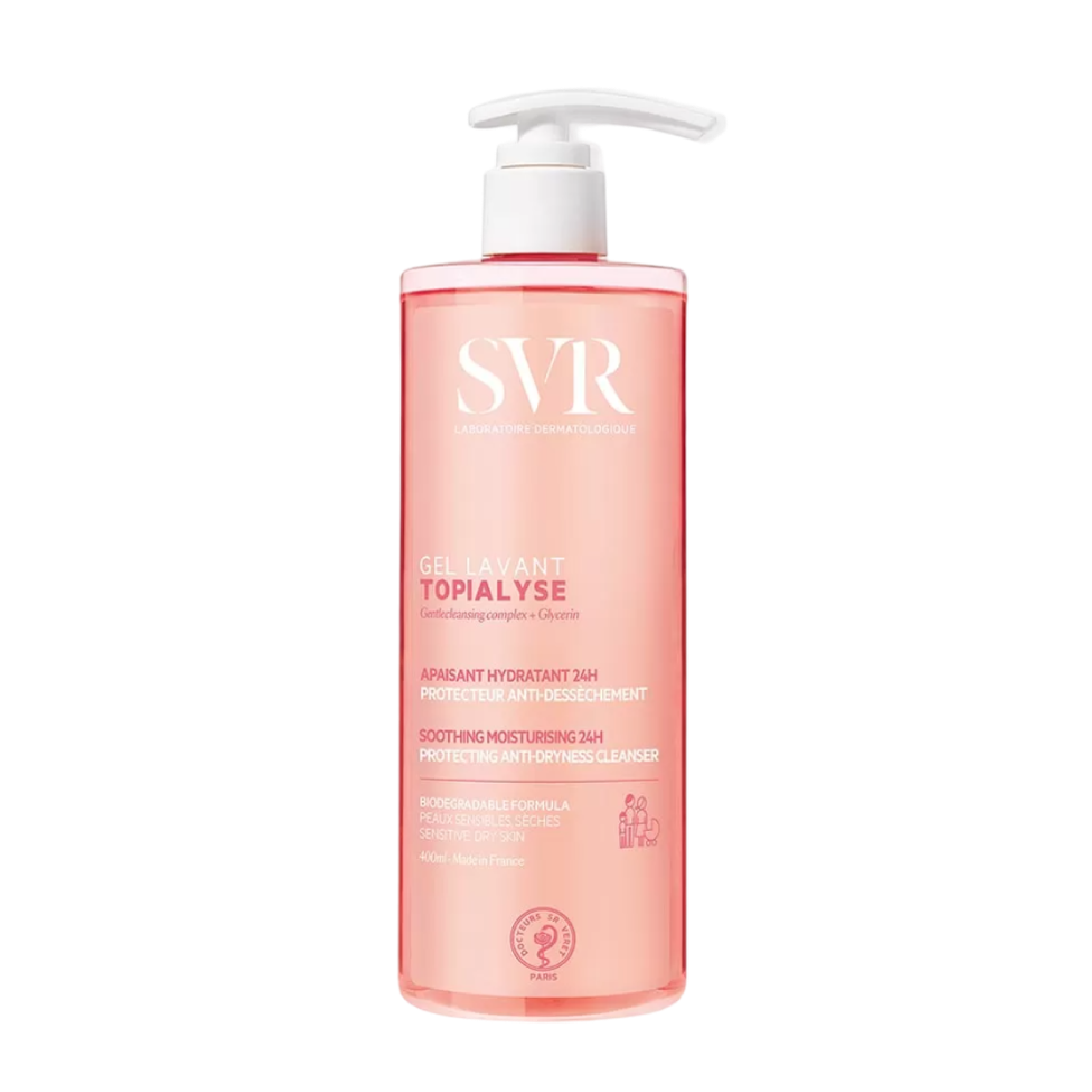 SVR Topialyse Gel Lavante 400 ml, a gentle, soap-free facial cleanser for dry and sensitive skin. Enriched with omega fatty acids and niacinamide to nourish and protect.