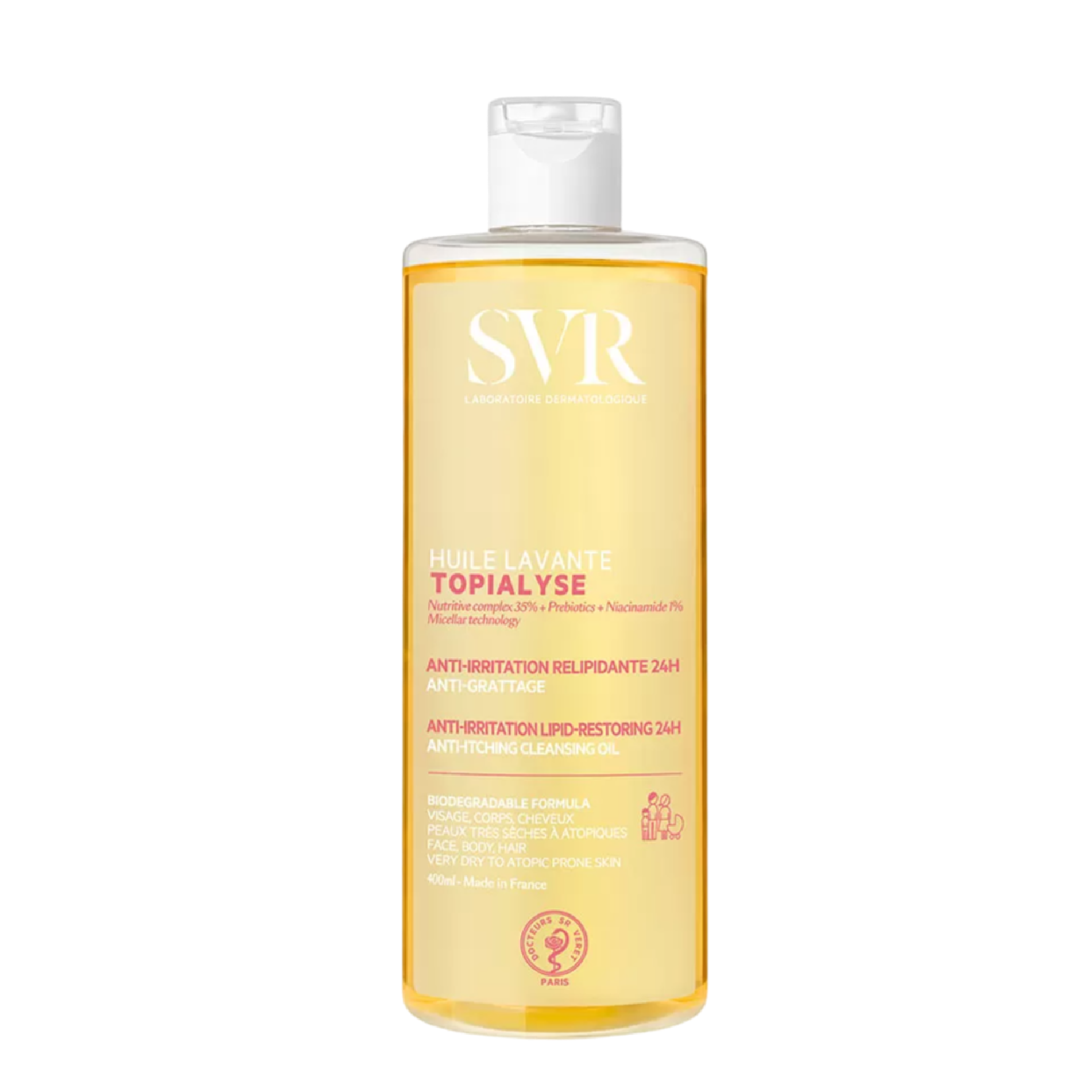 SVR Topialyse Huile Lavante 400 ml is a nourishing cleansing oil designed for dry, sensitive, and atopy-prone skin. Enriched with omega fatty acids and niacinamide, it soothes irritation and strengthens the skin barrier.