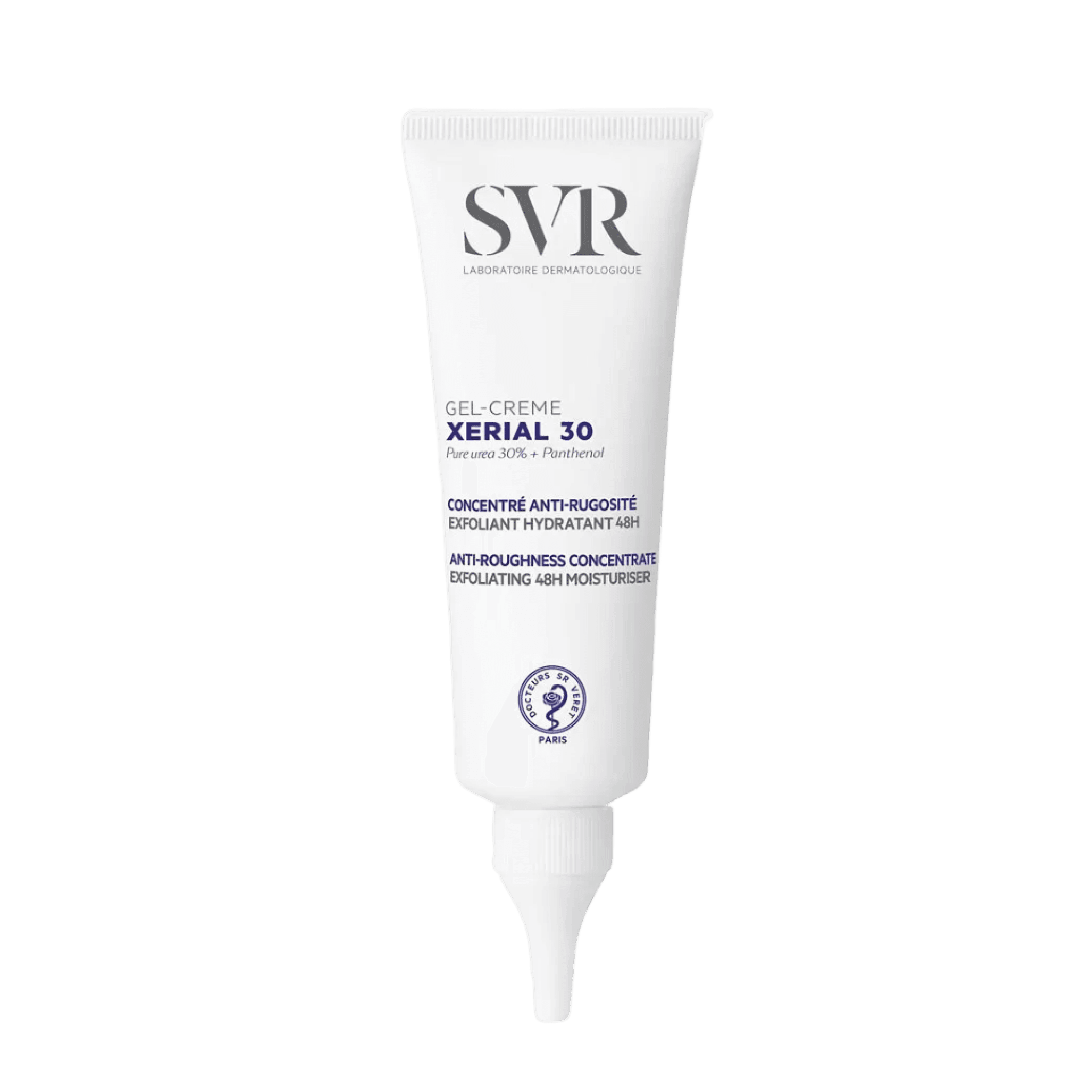 SVR Xerial 30 Gel Cream 75 ml for rough and dry skin. Enriched with 30% urea, it hydrates, exfoliates, and smooths thickened areas like elbows and heels.