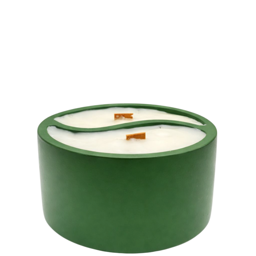 SerrBeauty Spring Whisper Natural Candle in green concrete vessel with dual-scent soy wax and wooden wicks, ideal for home fragrance decor.
