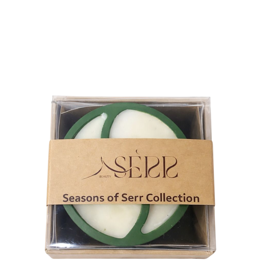 SerrBeauty Spring Whisper Candle boxed in eco-friendly packaging, part of the Seasons of Serr Collection with dual-scent soy wax blend.