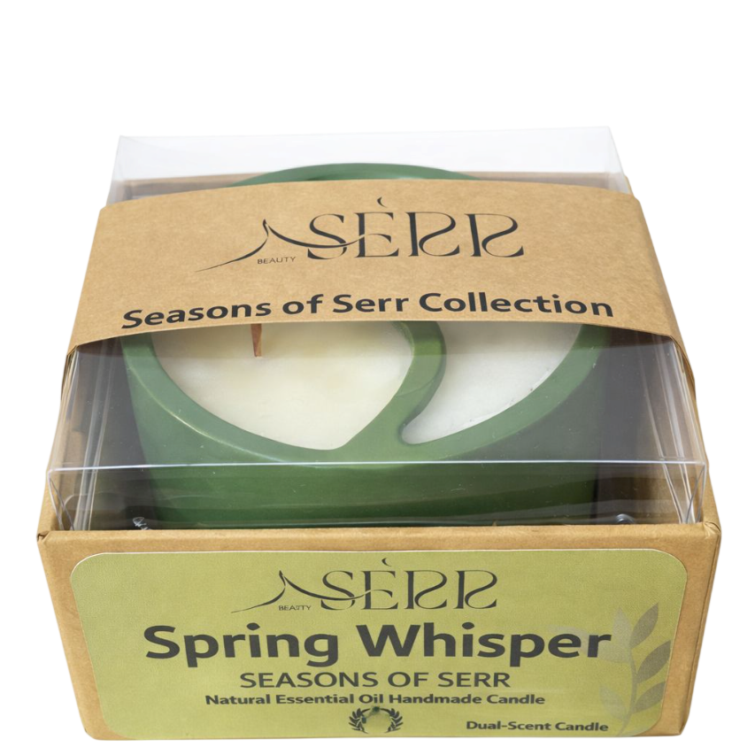 Packaged SerrBeauty Spring Whisper Candle from the Seasons of Serr Collection, featuring dual essential oil scents in a handmade container.