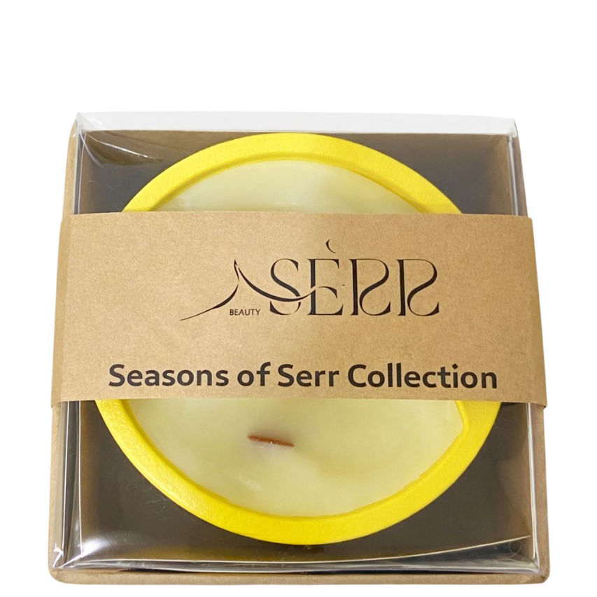 SerrBeauty Summer Glow Candle from Seasons of Serr Collection, wrapped in kraft paper band, showcasing its premium handmade presentation.