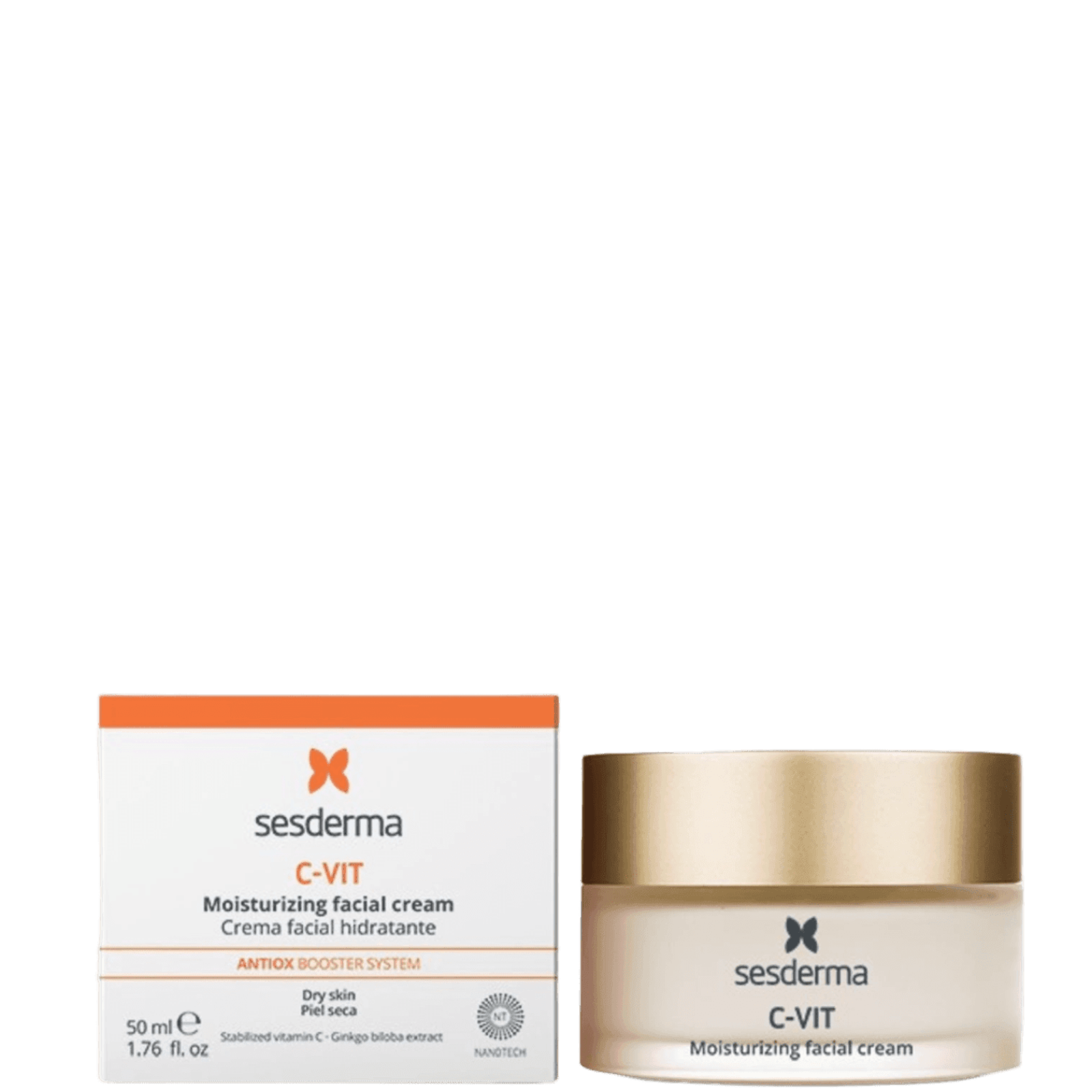Sesderma C-VIT Vitamin C facial moisturizer box with white and orange packaging, 50ml, and a gold-colored jar of moisturizing face cream for brightening skin