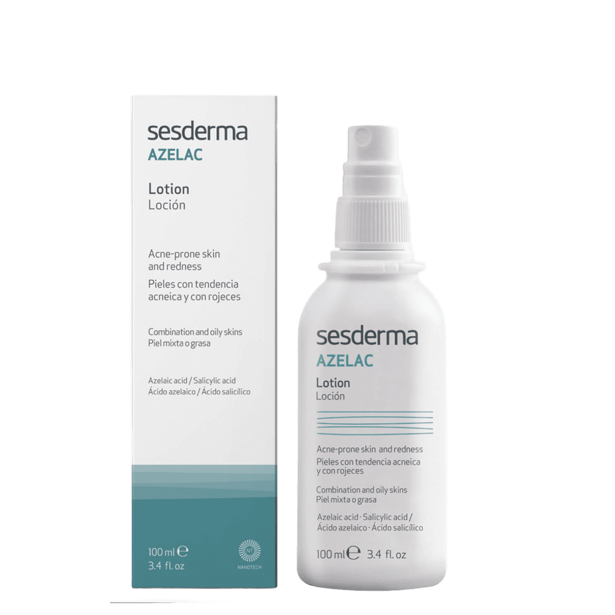 Sesderma Azelac Lotion for acne-prone skin in a white spray bottle with blue and black text, 100 ml, suitable for oily skin types
