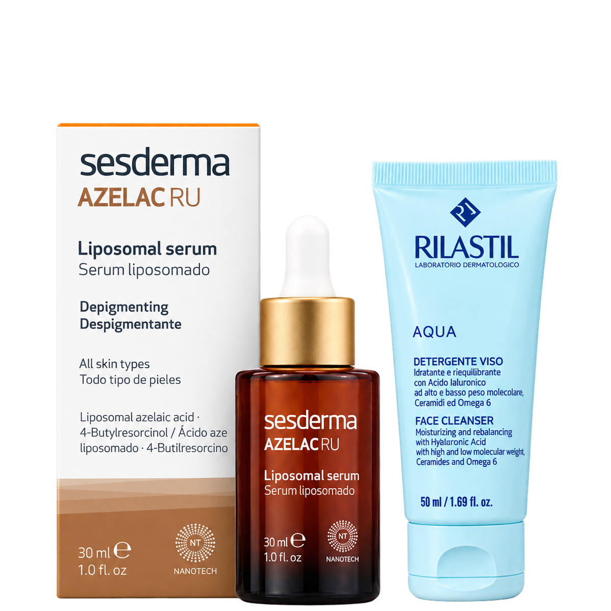 Sesderma Azelac RU liposomal serum in amber glass bottle with white dropper, box packaging with product details, and Rilastil Aqua face cleanser in light blue tube for skin brightening and hydration
