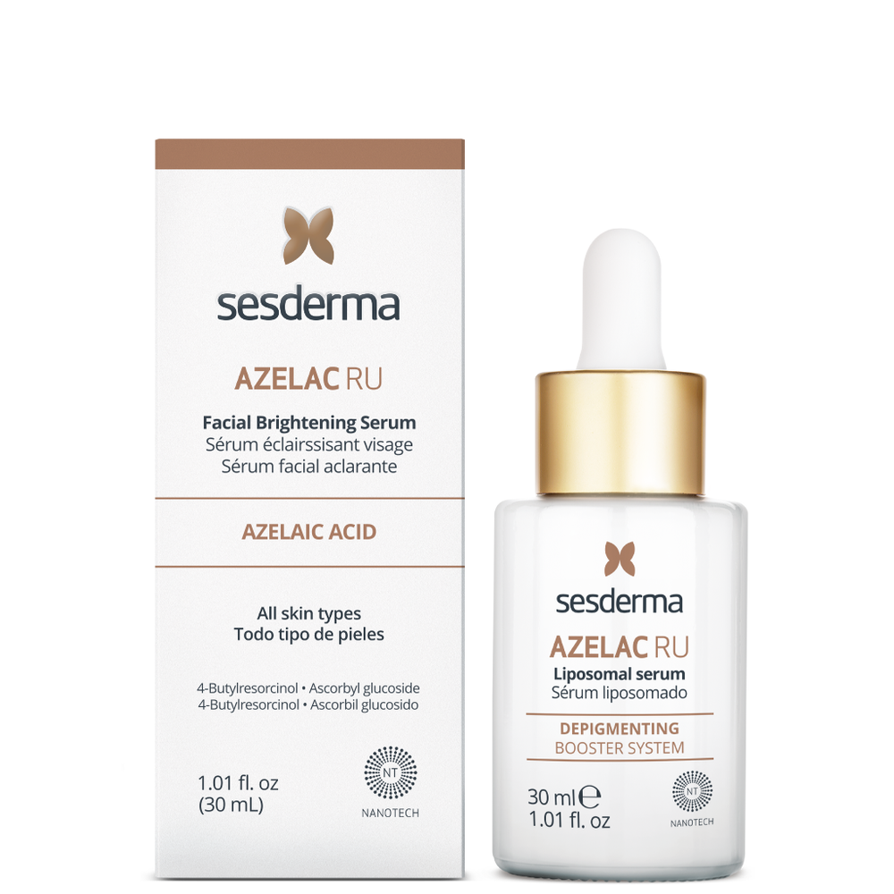 Sesderma Azelac RU Liposomal Serum in a white glass bottle with a white dropper, gold collar, and product box with butterfly logo, for skin brightening and dark spot treatment