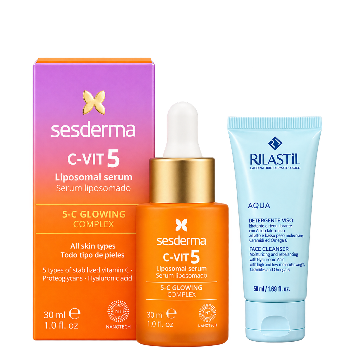Sesderma C-VIT 5 Liposomal Serum in orange glass bottle with white dropper, gold collar, and purple and orange packaging box, 30ml size