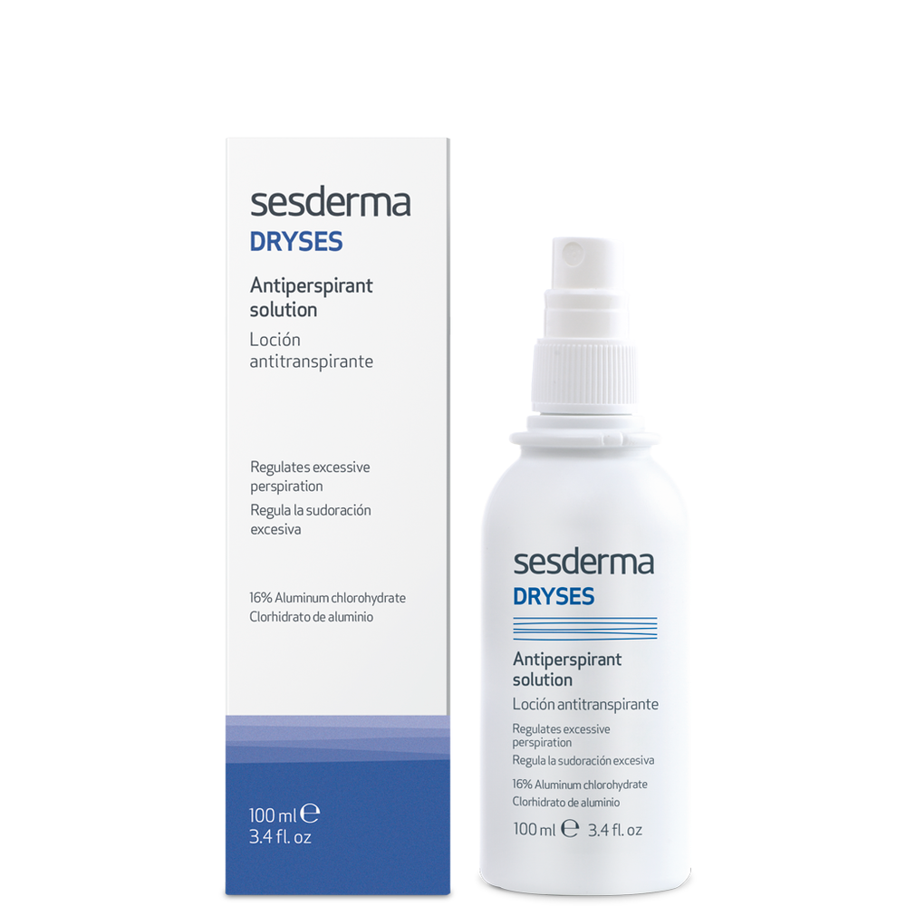White bottle of Sesderma Dryses Antiperspirant Solution with spray nozzle next to its packaging box, both labeled for controlling excessive sweating, 100 ml