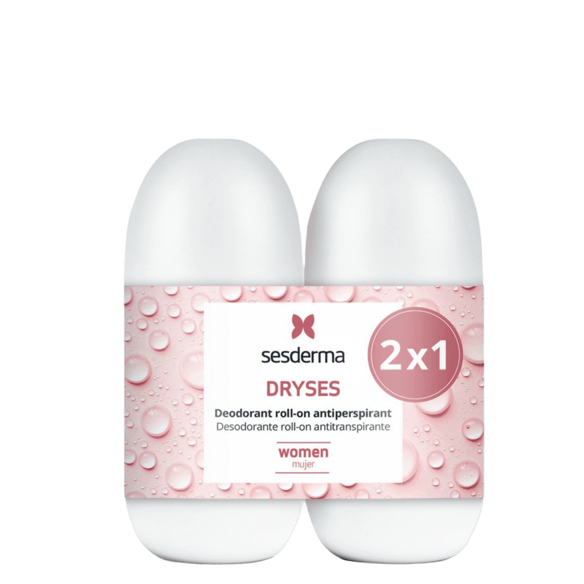 Two white Sesderma Dryses roll-on deodorants with a pink water-droplet patterned label and a '2x1' badge, shown on a white background.