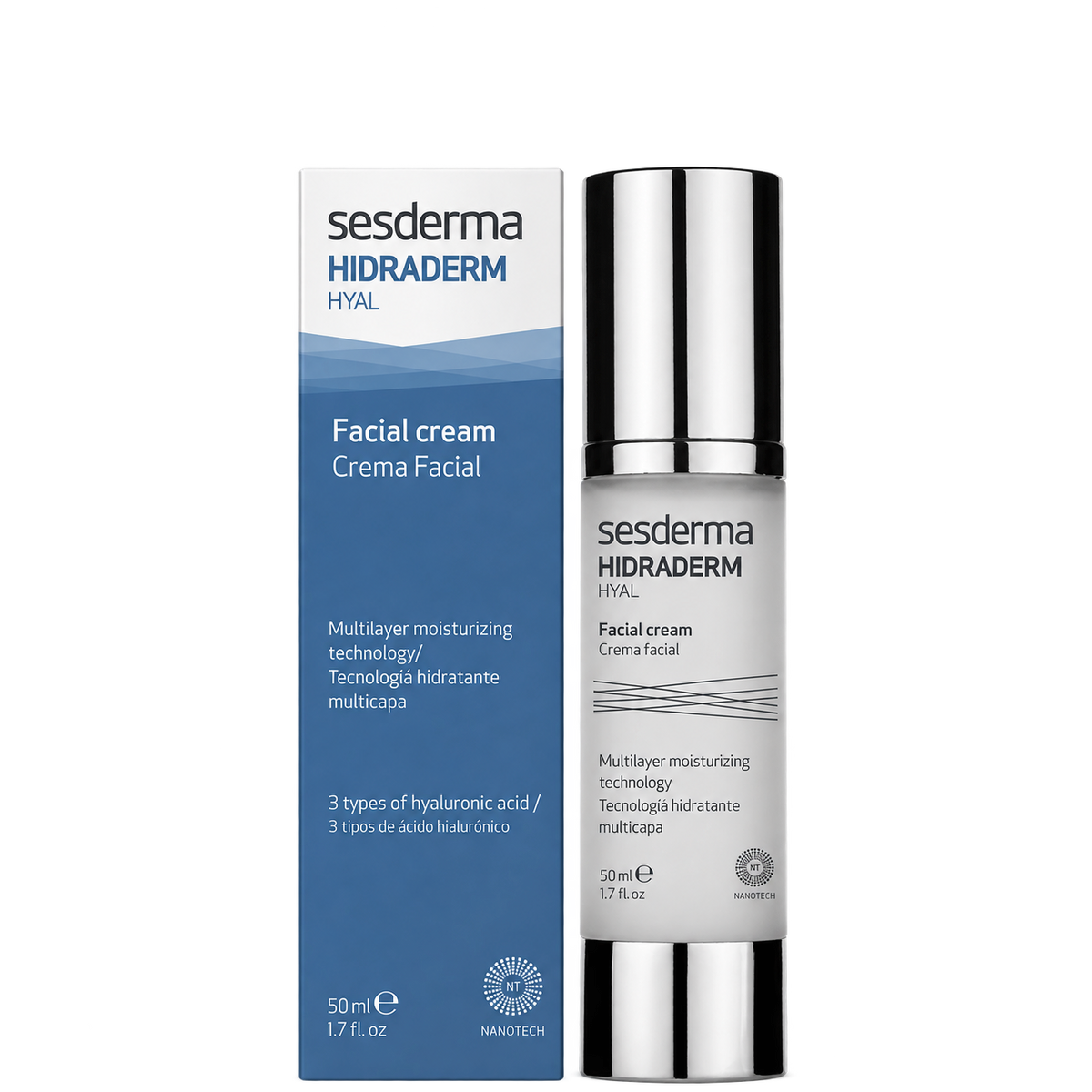 Silver and white bottle of Sesderma Hidraderm Hyal facial cream with black cap next to blue and white packaging box, 50ml size, for deep hydration