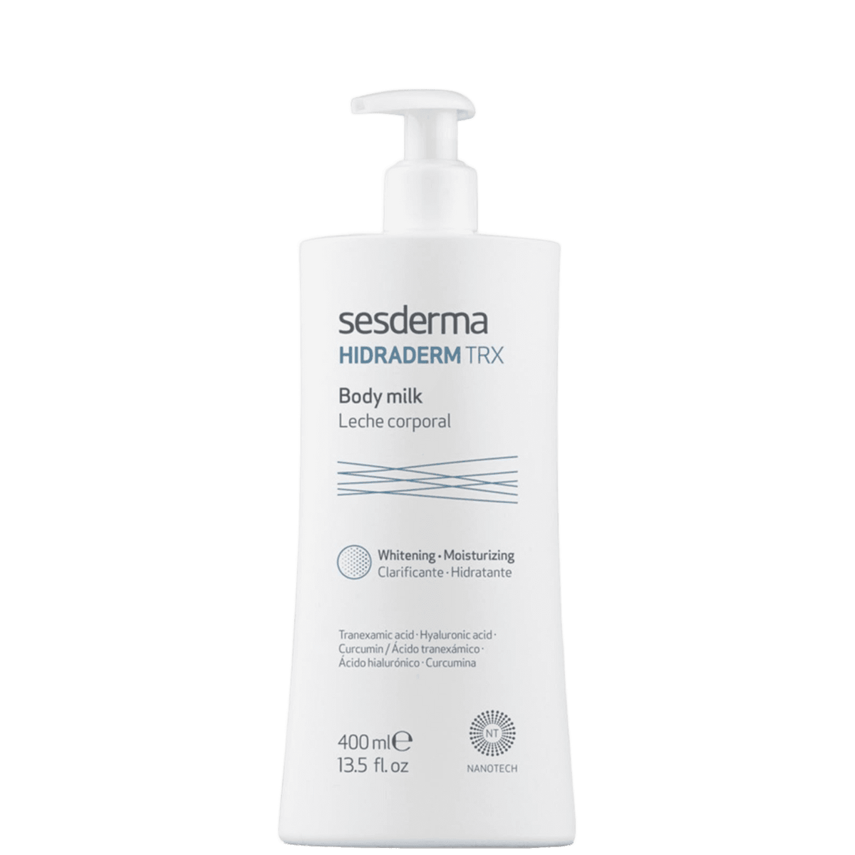 White plastic bottle of Sesderma Hidraderm TRX whitening body milk with pump dispenser, label showing hydration, skin tone, and nourishment benefits, 400 ml