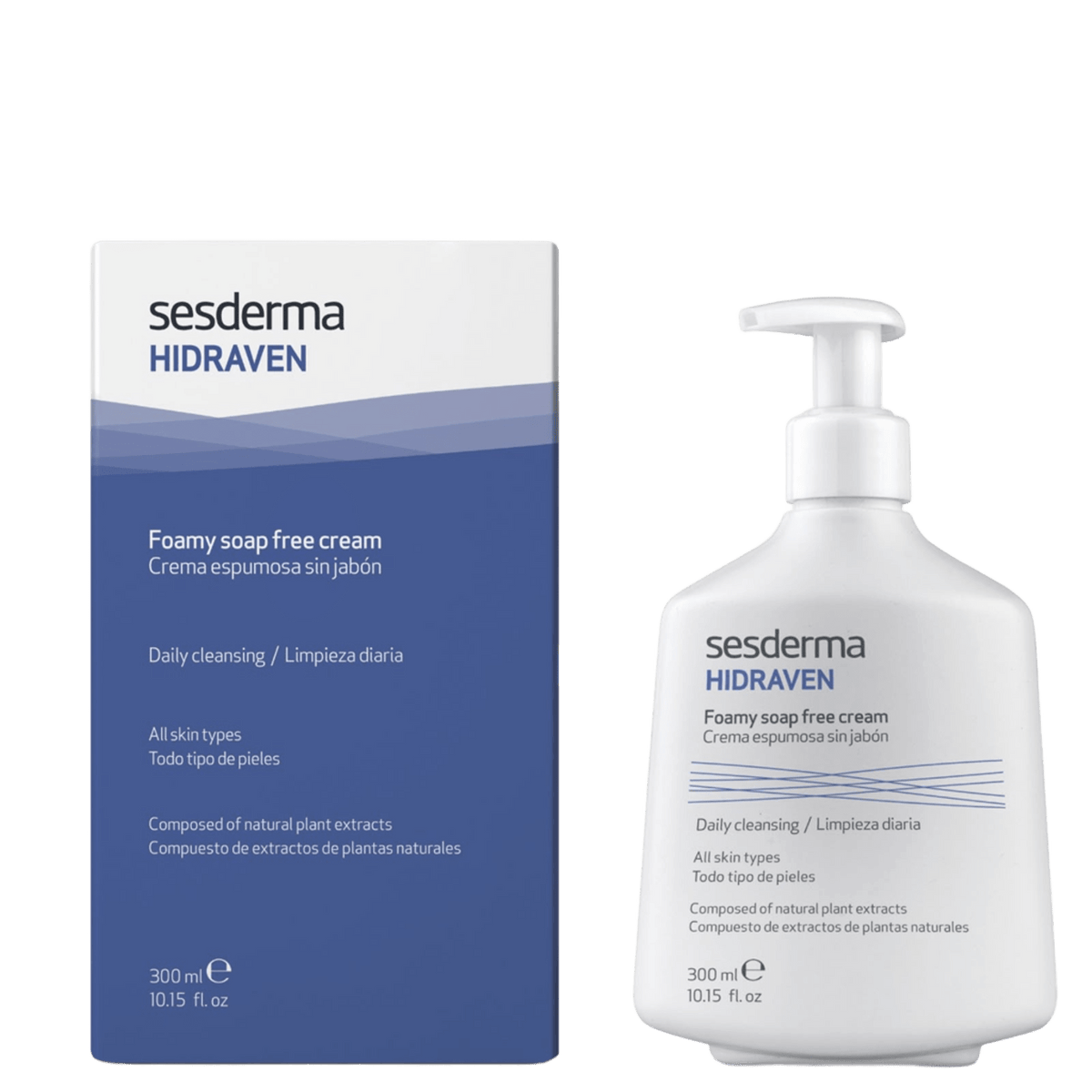 White bottle of Sesderma Hidraven soap-free cleansing cream with pump dispenser, label with blue and black text, 300 ml size