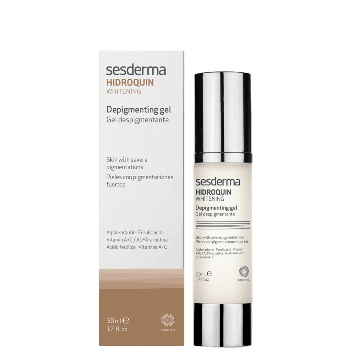 Sesderma Hidroquin whitening depigmenting gel in a sleek white bottle with silver cap, designed for skin with severe pigmentation, 50ml
