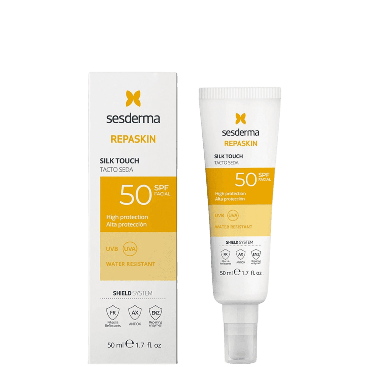 Sesderma Repaskin SPF50 sunscreen tube with white and yellow packaging, UV protection, water-resistant, 50ml, skincare for sun protection