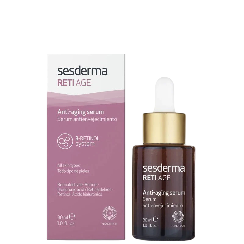 Sesderma Retiage anti-aging facial serum in a 30ml dark glass bottle with a white dropper, gold collar, and pink and white packaging, suitable for all skin types