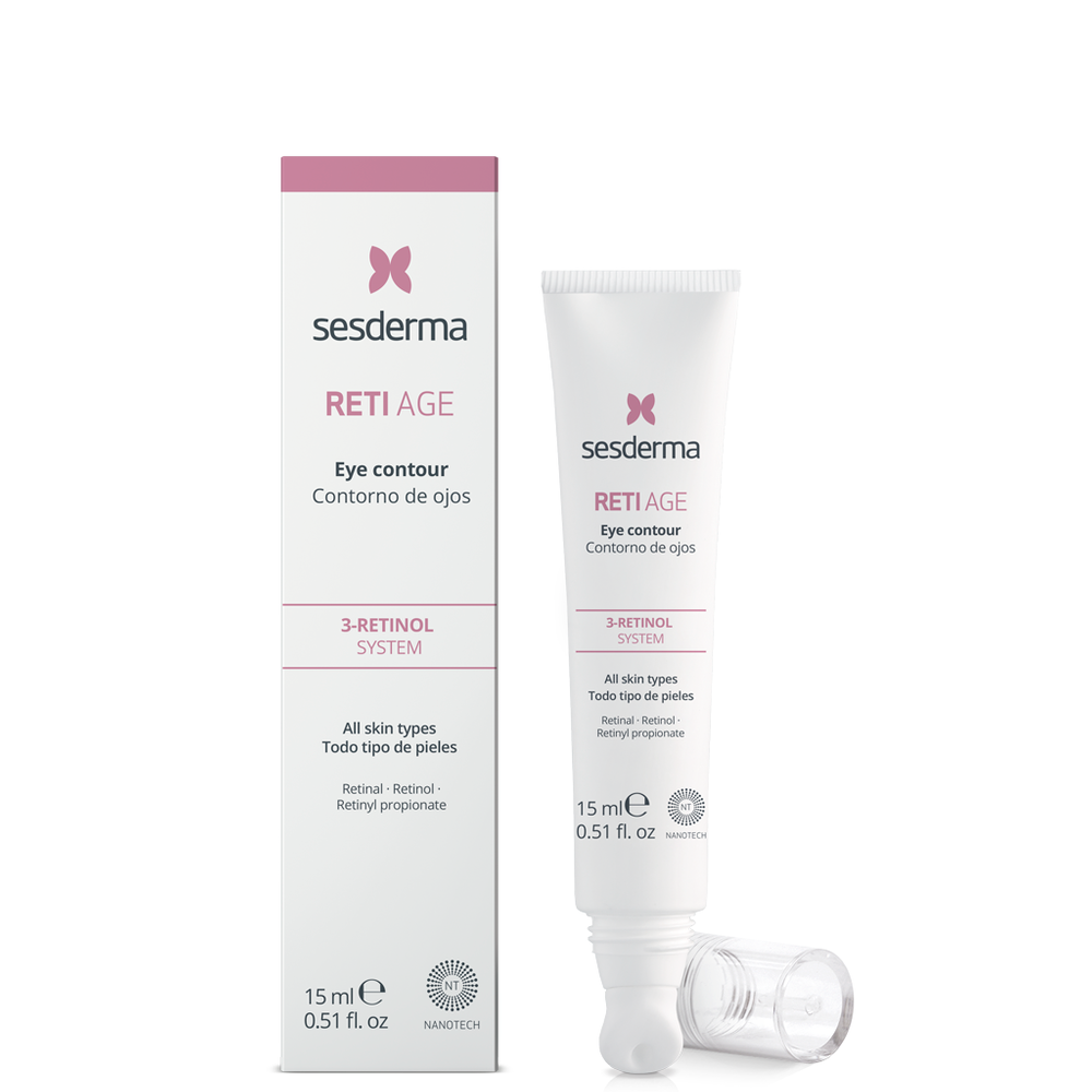 Silver box of Sesderma Retiage Eye Contour Gel with pink butterfly logo, white background, and product details in black and pink text