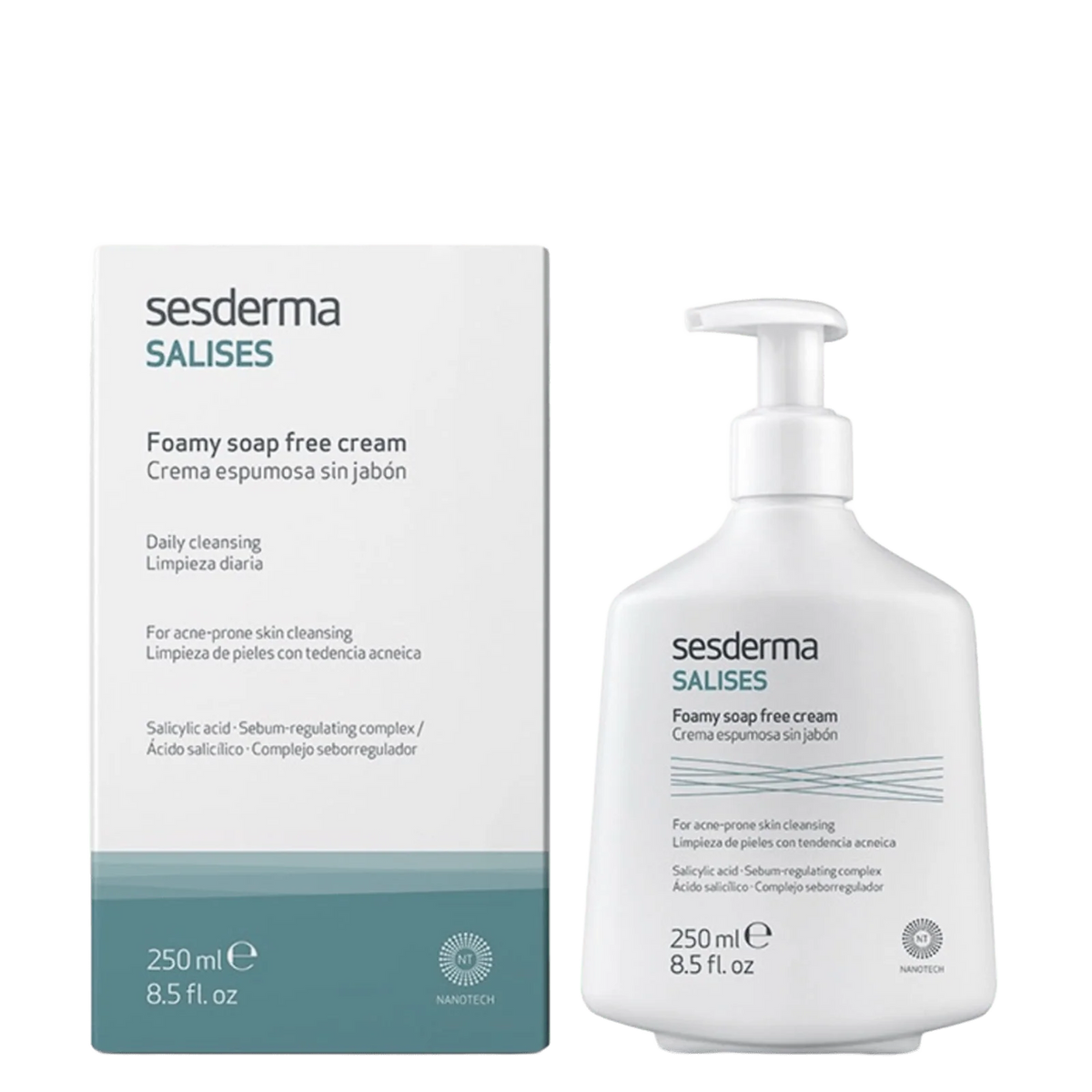 White bottle of Sesderma Salises foam-free facial cleanser with pump dispenser, 250ml, for oily and acne-prone skin
